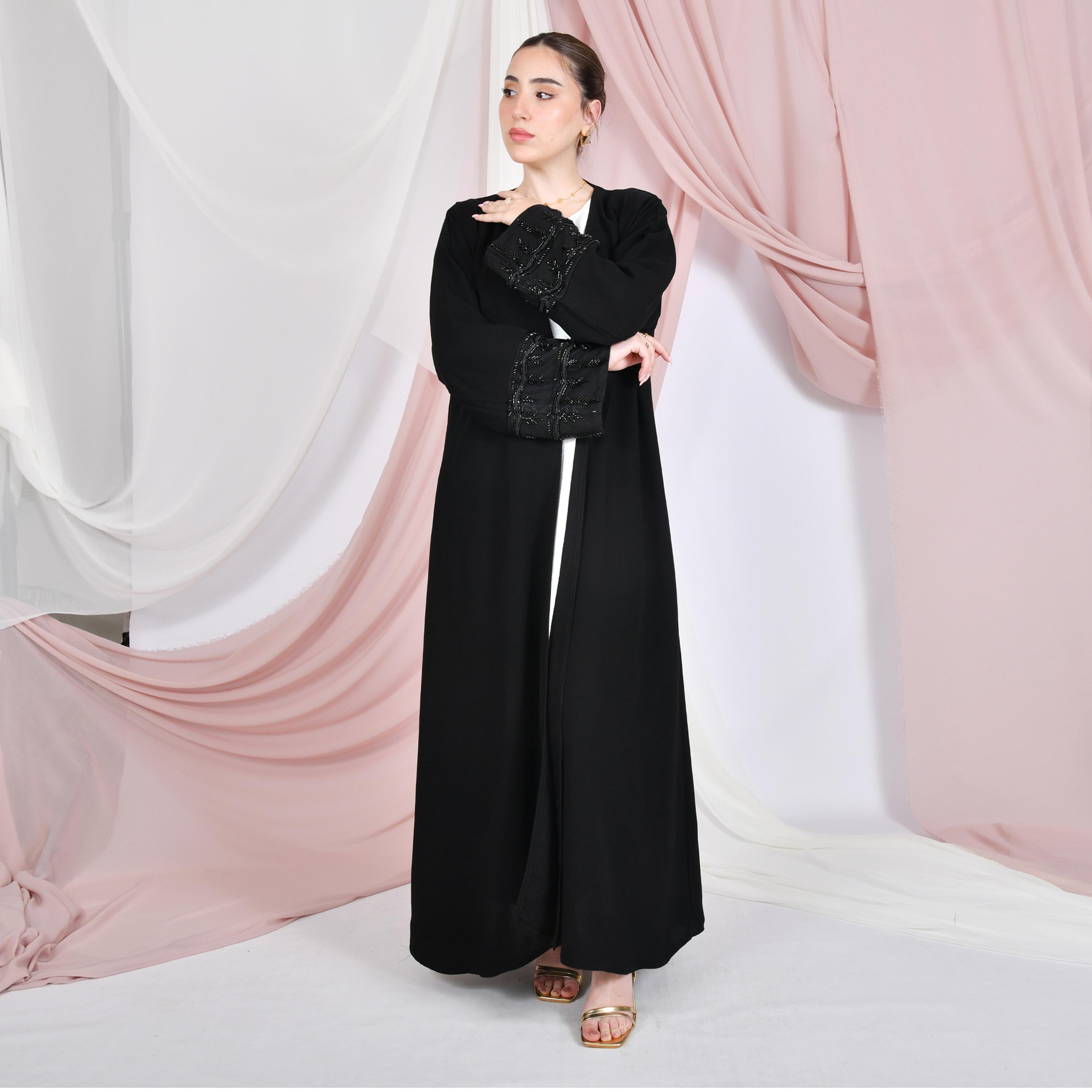 Hawraa Black Linen Women's Quarter-Circle Abaya-women-arabicclothing-abayas-image-1