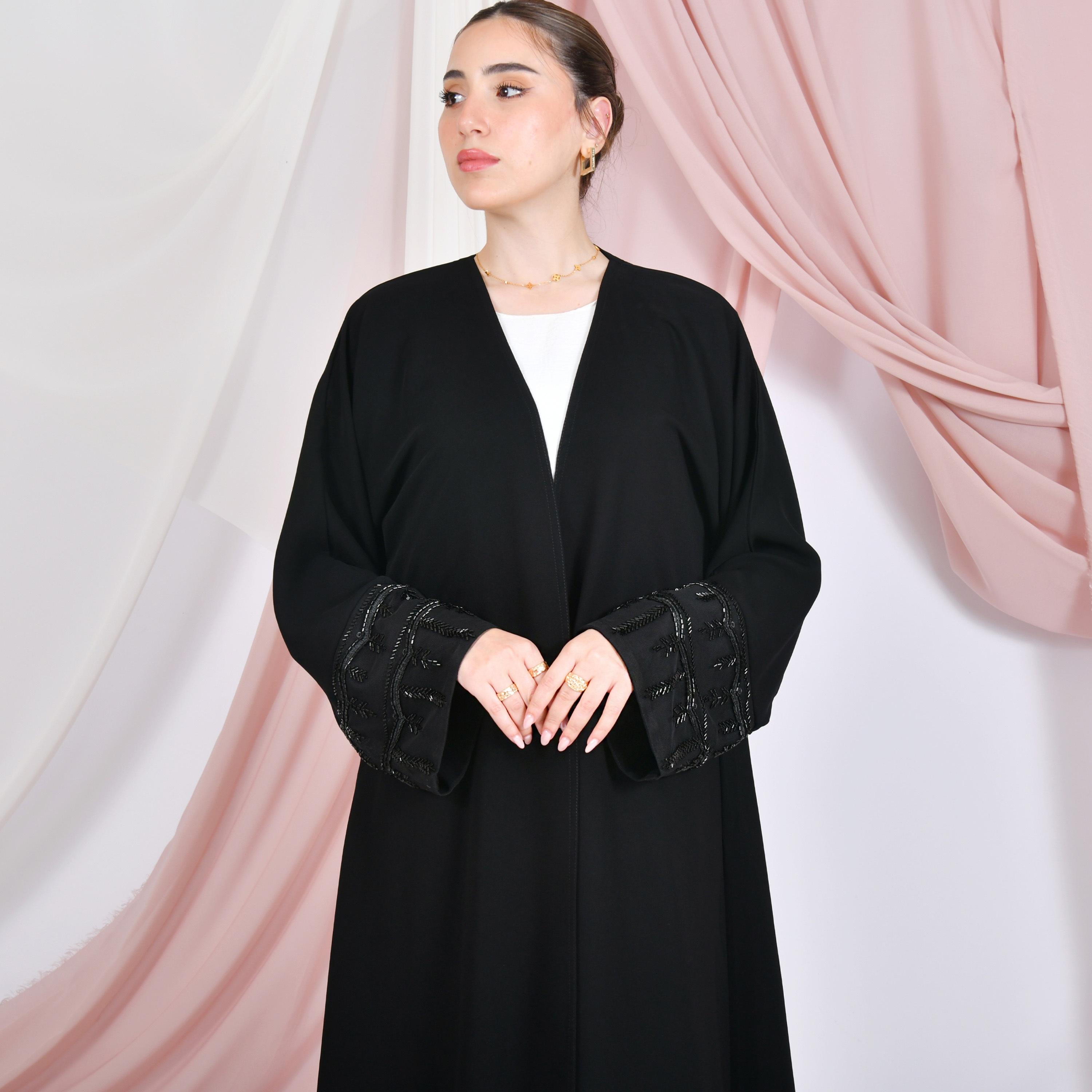 Hawraa Black Linen Women's Quarter-Circle Abaya-women-arabicclothing-abayas-image-2