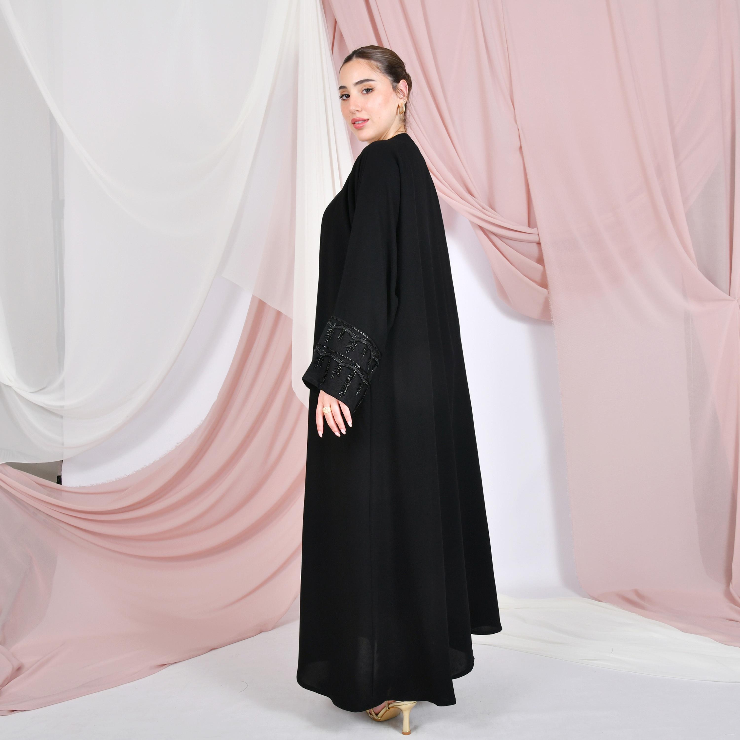 Hawraa Black Linen Women's Quarter-Circle Abaya-women-arabicclothing-abayas-image-4