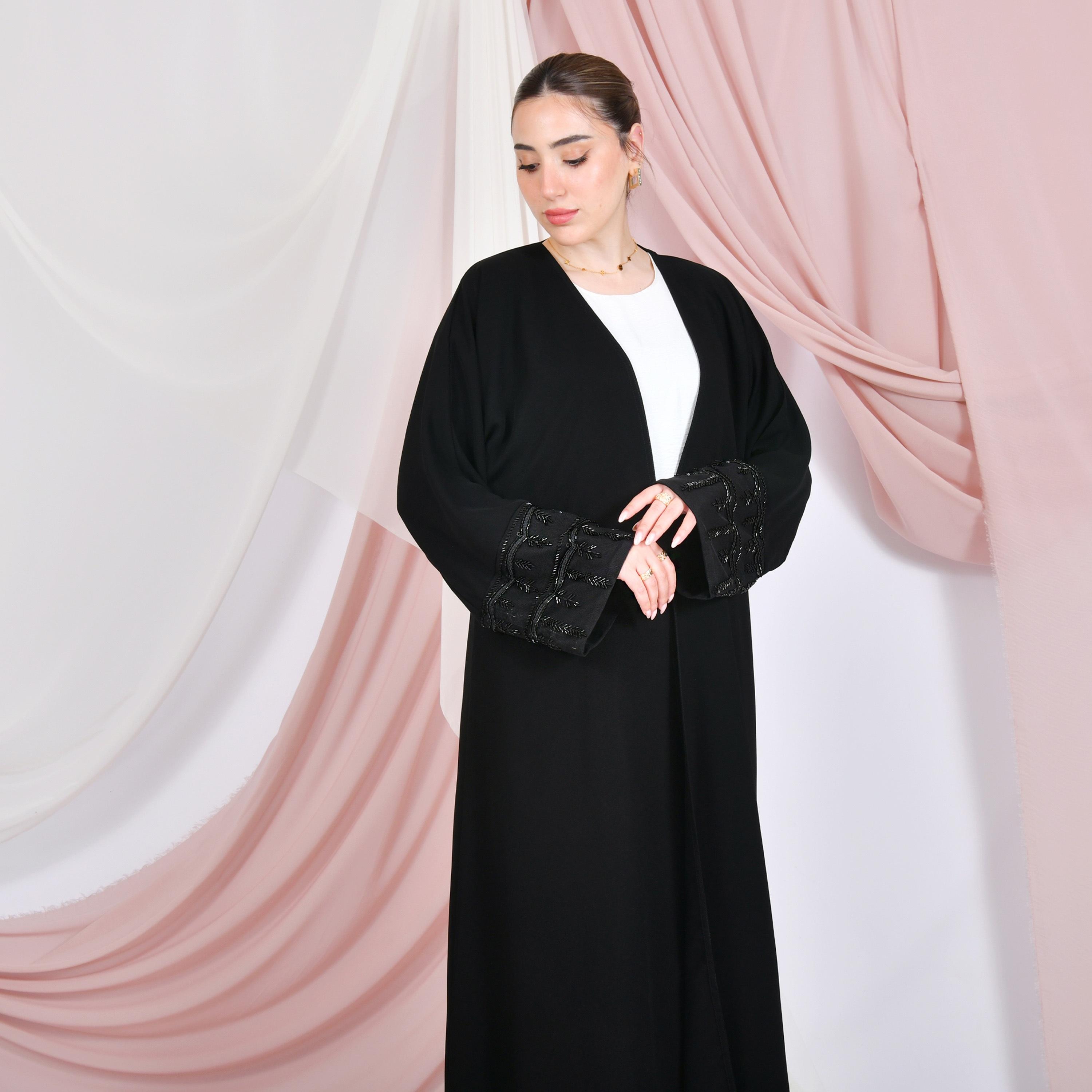 Hawraa Black Linen Women's Quarter-Circle Abaya-women-arabicclothing-abayas-image-5