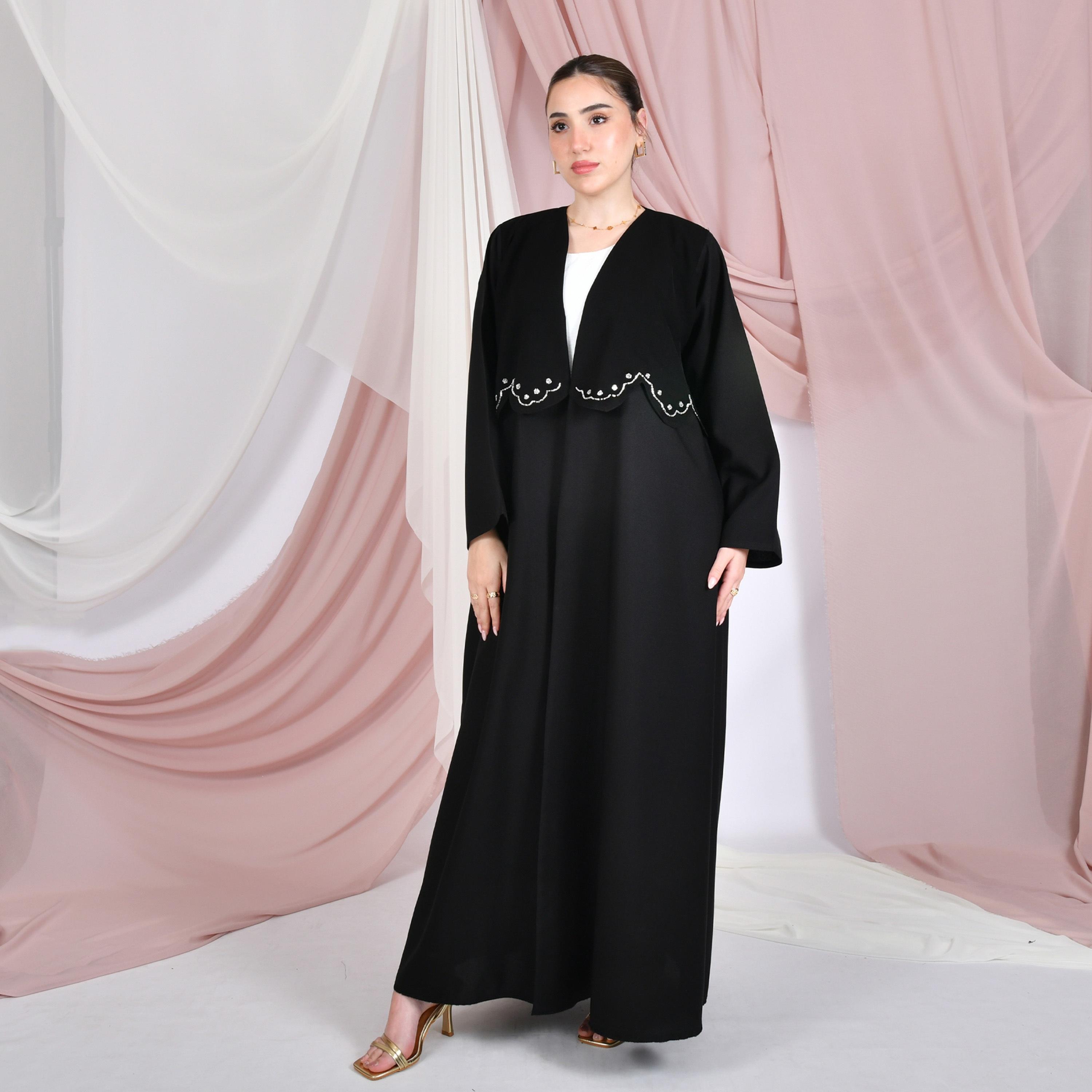 Hawraa Black Beaded Linen Women's Overlay Abaya-women-arabicclothing-abayas-image-1