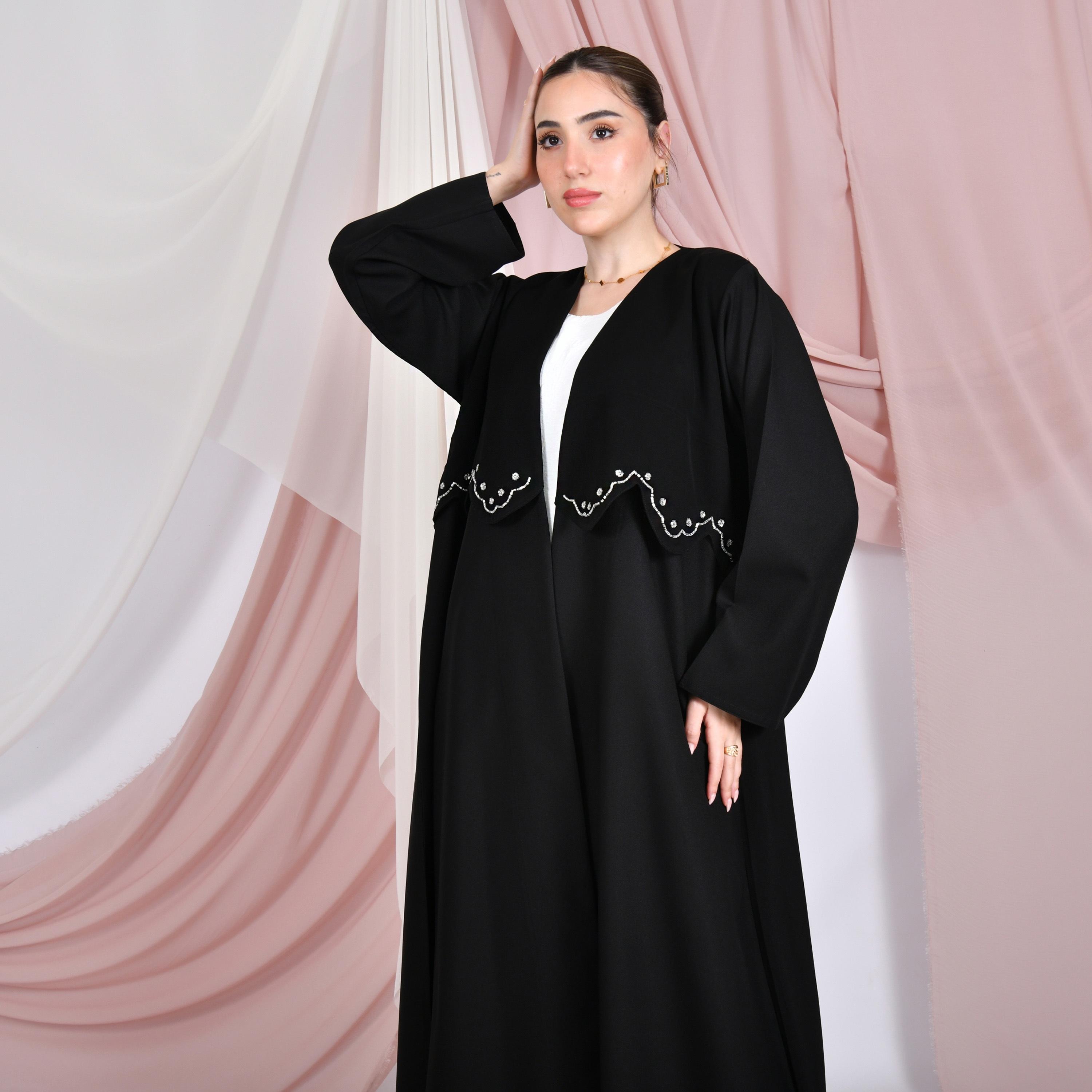 Hawraa Black Beaded Linen Women's Overlay Abaya-women-arabicclothing-abayas-image-2