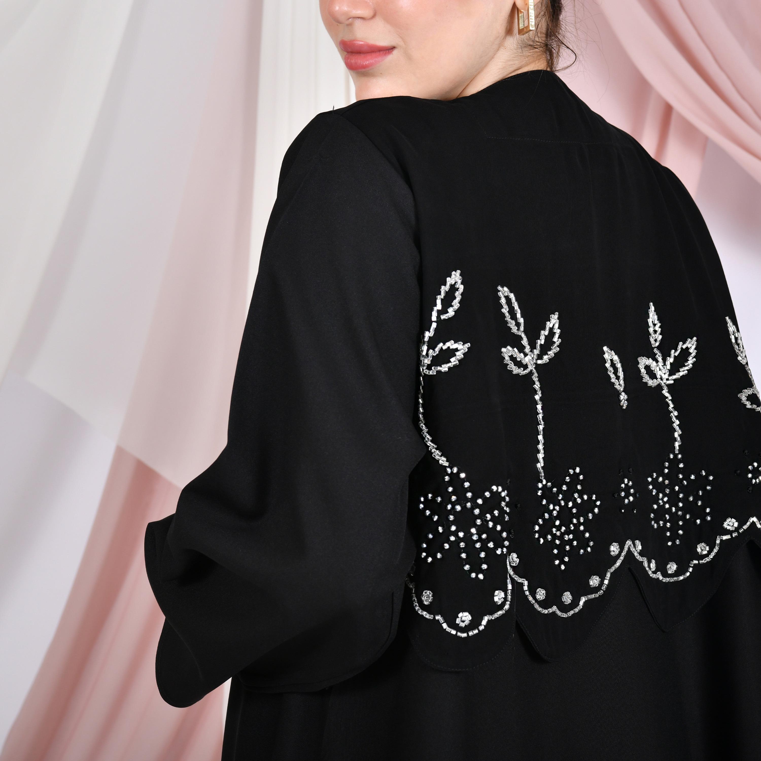Hawraa Black Beaded Linen Women's Overlay Abaya-women-arabicclothing-abayas-image-3
