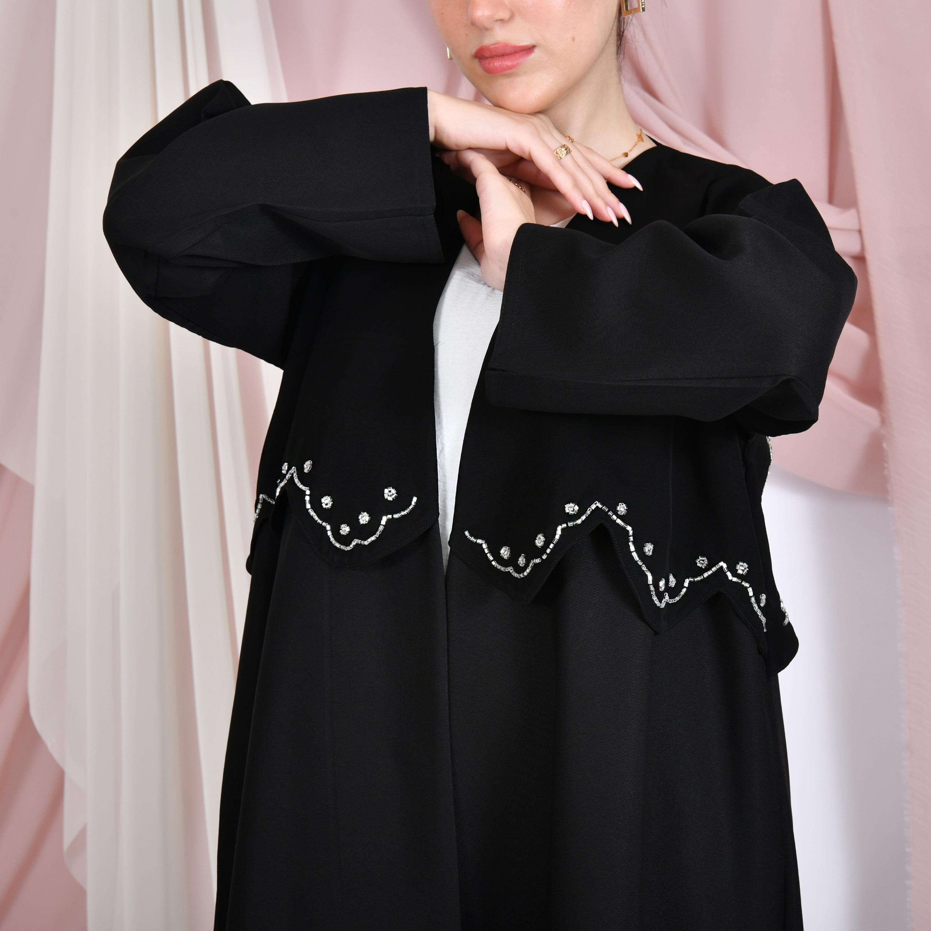 Hawraa Black Beaded Linen Women's Overlay Abaya-women-arabicclothing-abayas-image-4