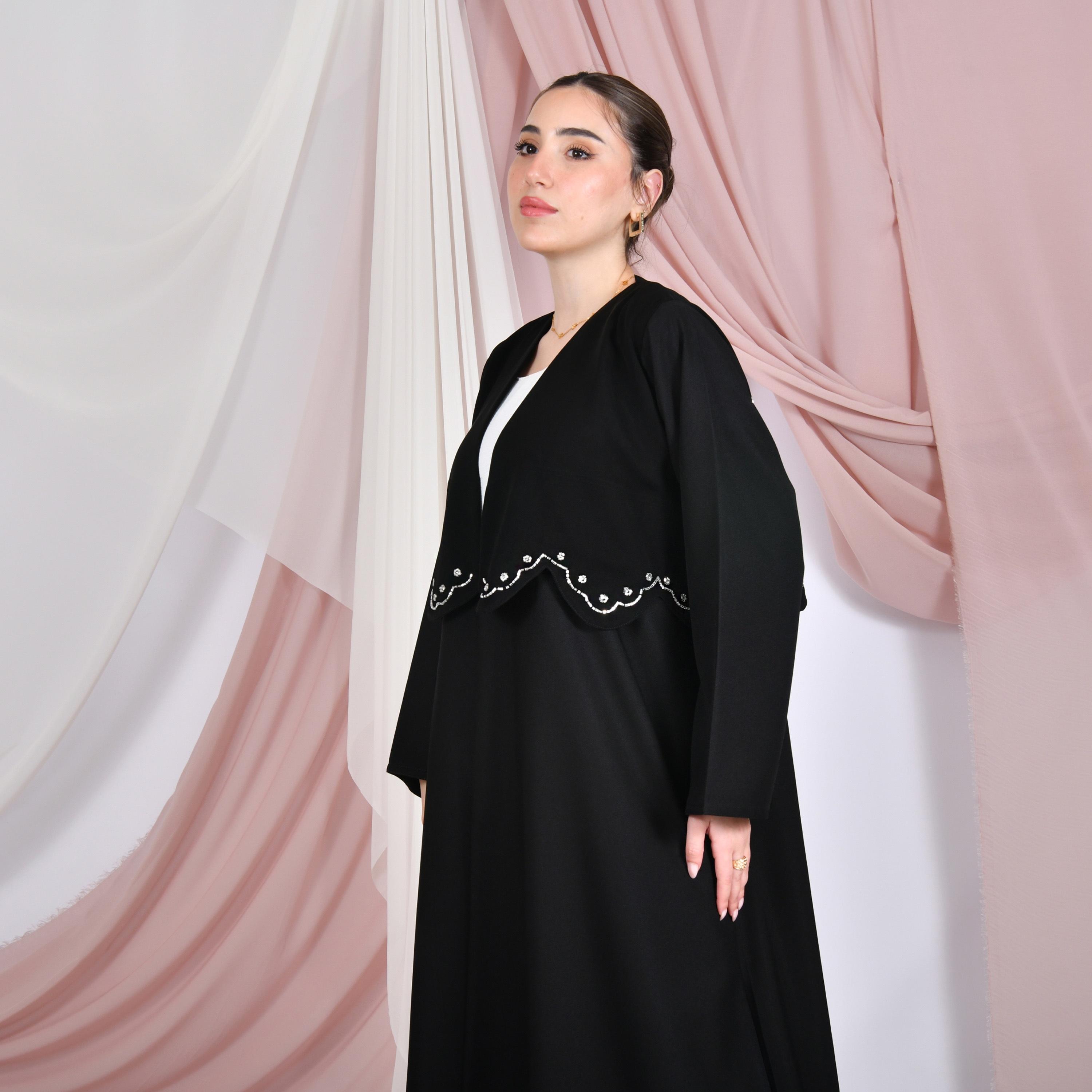 Hawraa Black Beaded Linen Women's Overlay Abaya-women-arabicclothing-abayas-image-5