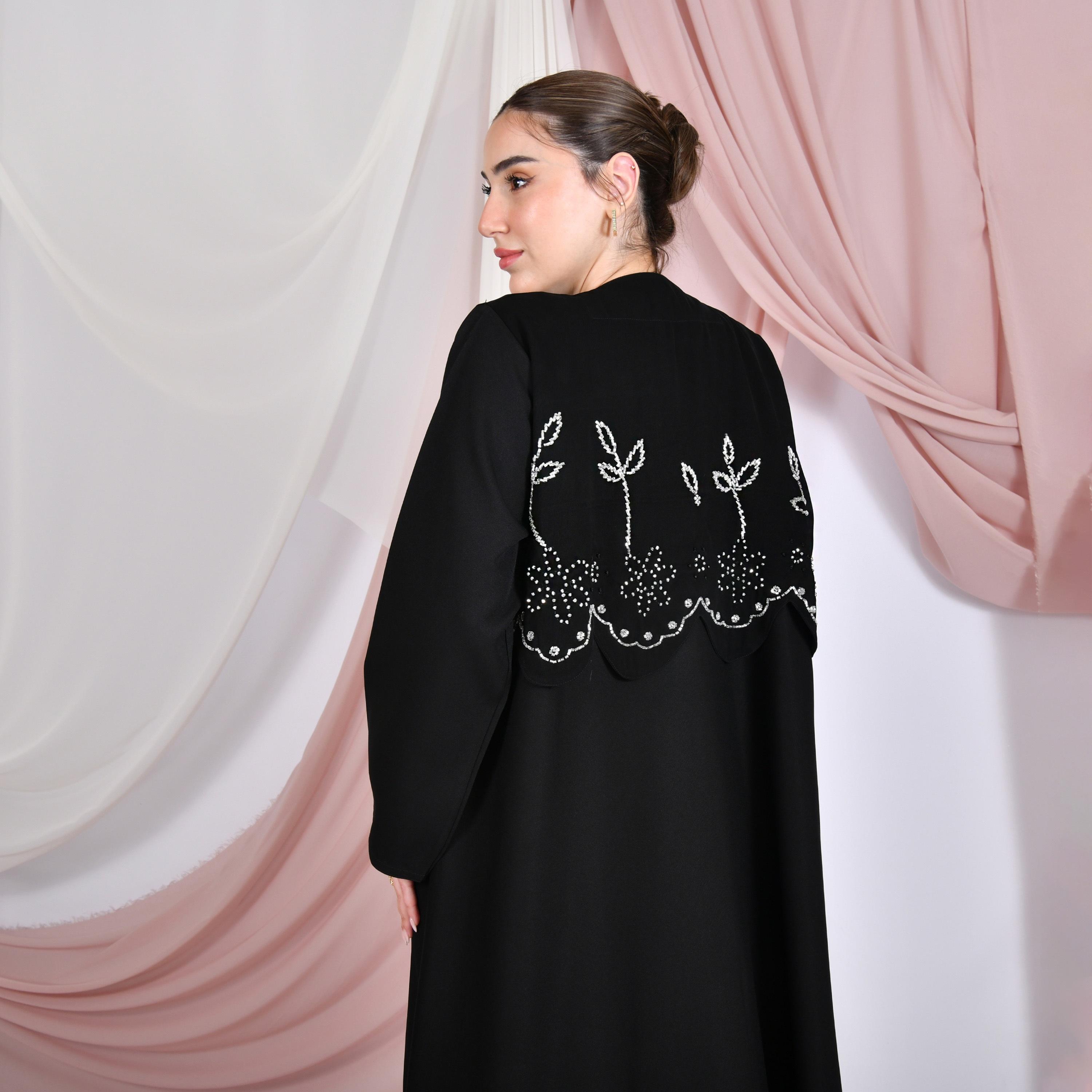 Hawraa Black Beaded Linen Women's Overlay Abaya-women-arabicclothing-abayas-image-6