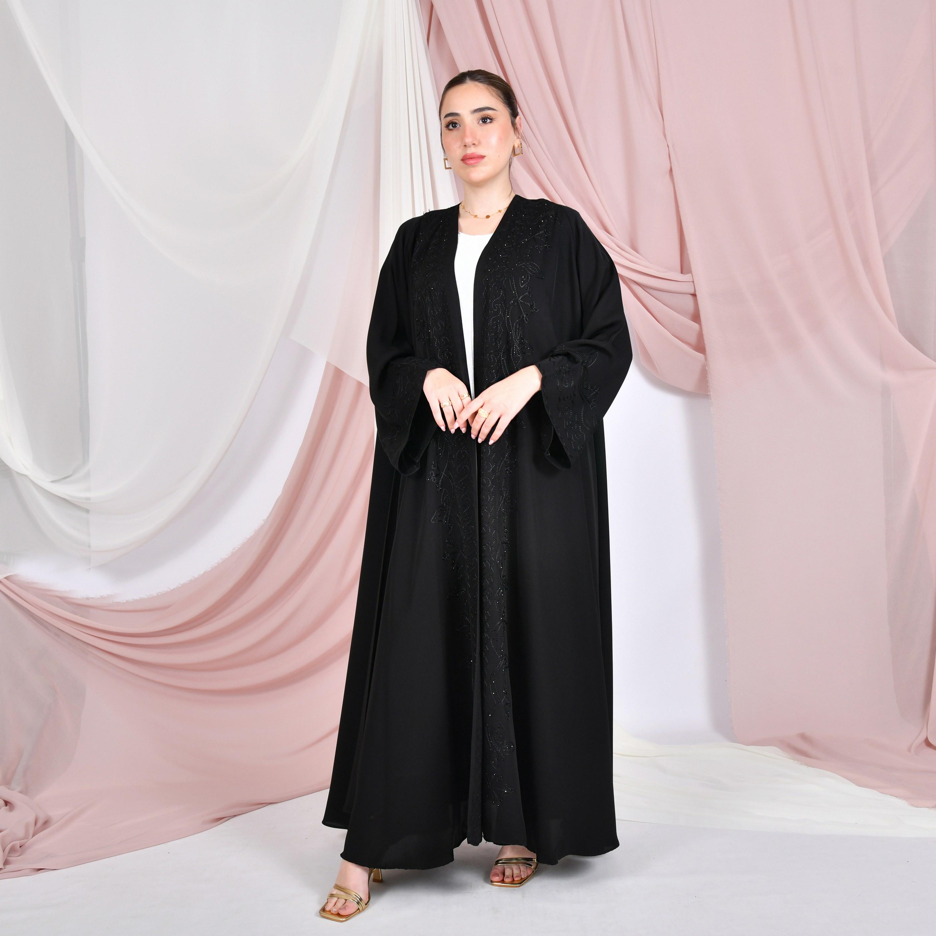 Hawraa Black Embroidered Wide Sleeves Linen Women's Half-Cloche Abaya-women-arabicclothing-abayas-image-1