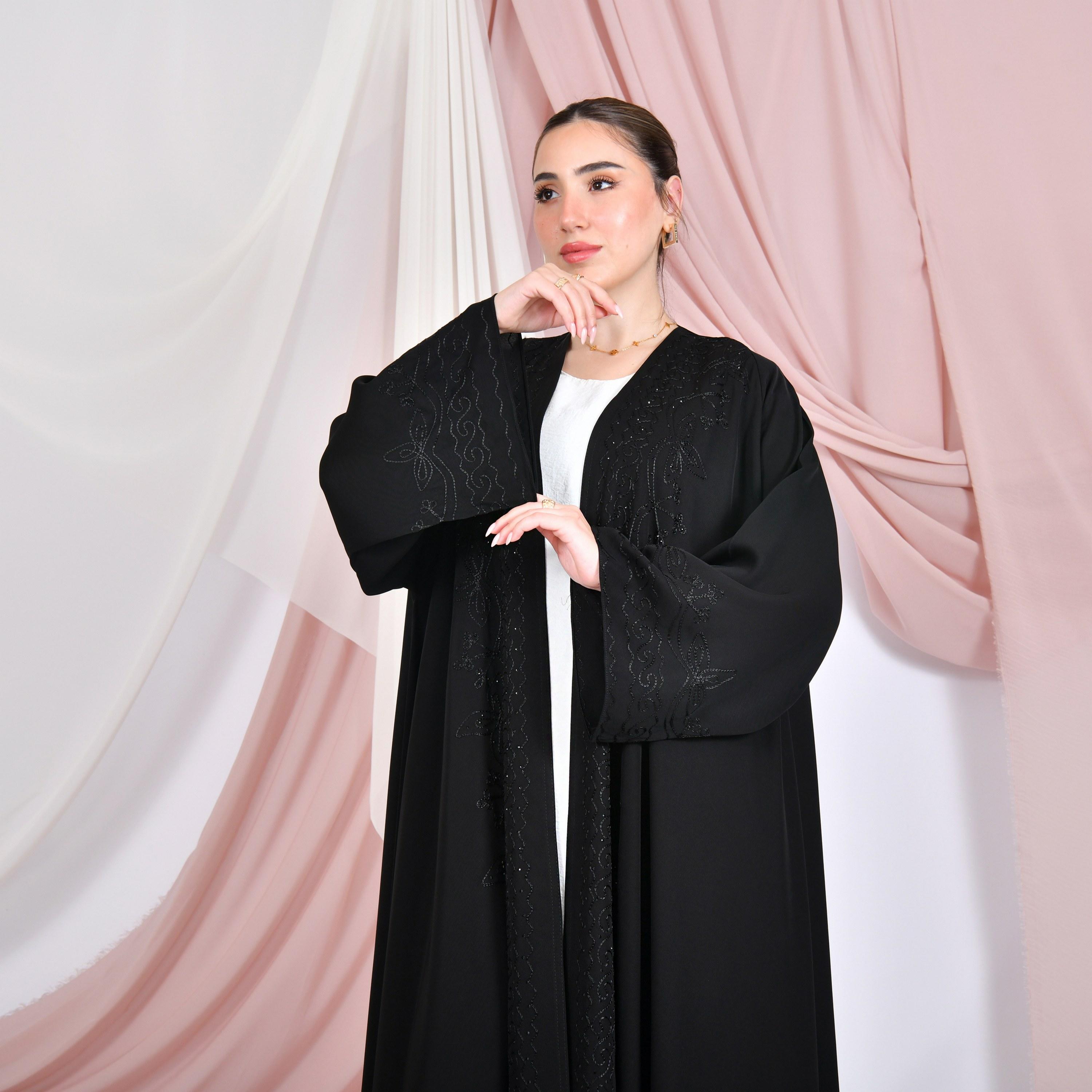 Hawraa Black Embroidered Wide Sleeves Linen Women's Half-Cloche Abaya-women-arabicclothing-abayas-image-2
