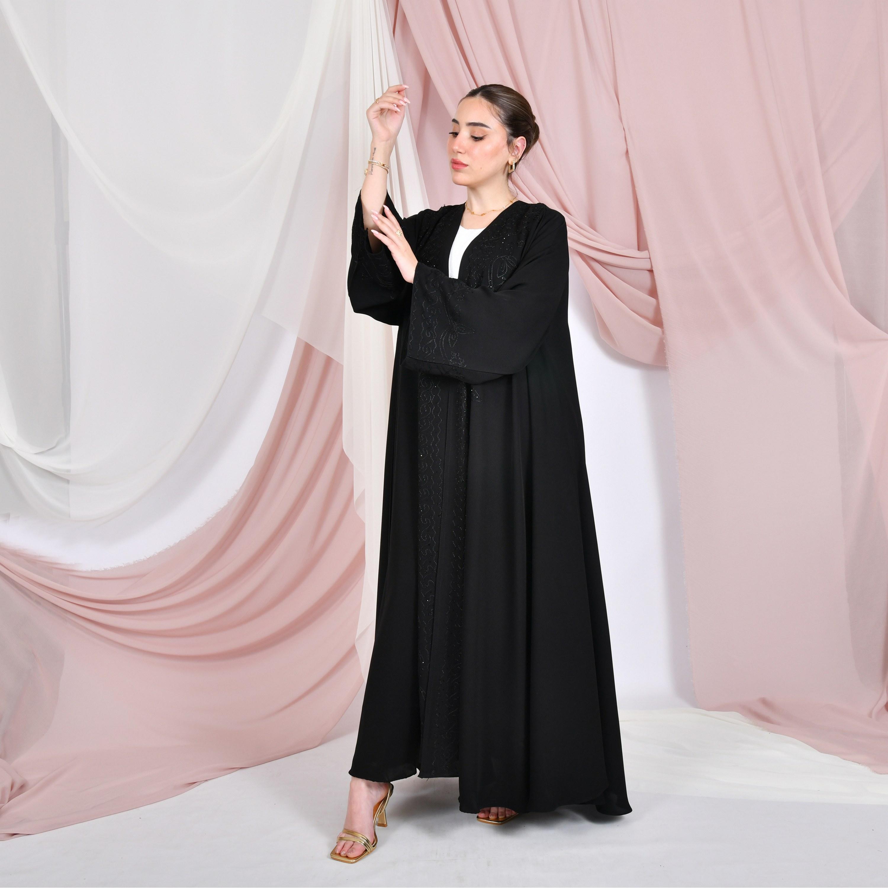 Hawraa Black Embroidered Wide Sleeves Linen Women's Half-Cloche Abaya-women-arabicclothing-abayas-image-4
