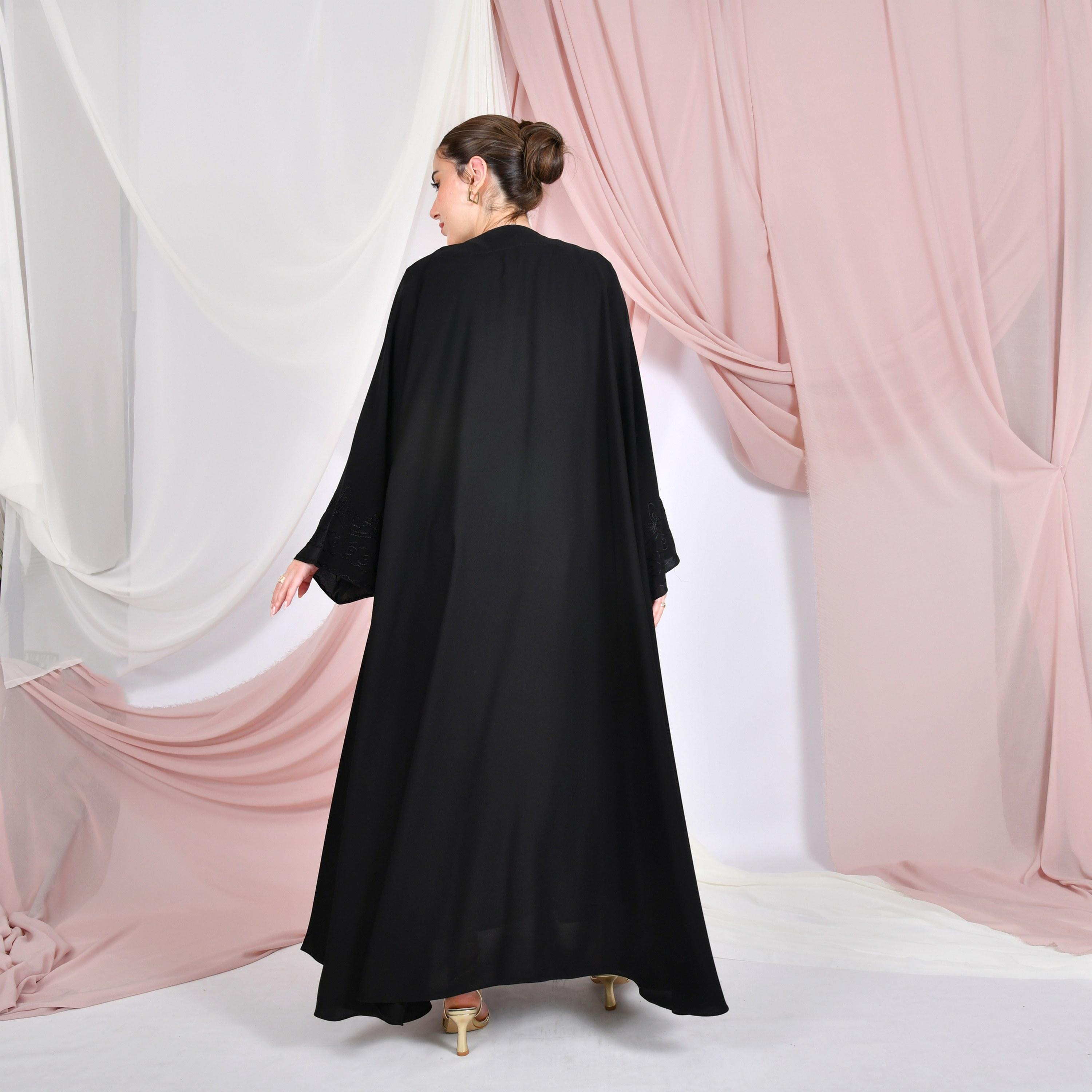 Hawraa Black Embroidered Wide Sleeves Linen Women's Half-Cloche Abaya-women-arabicclothing-abayas-image-5