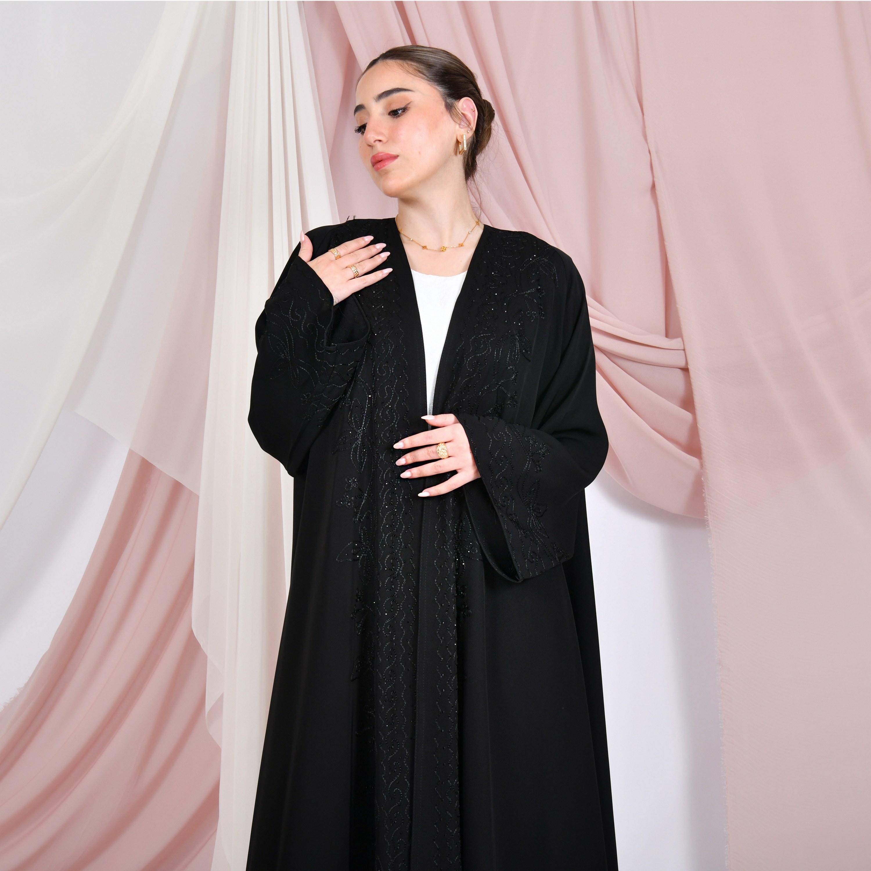 Hawraa Black Embroidered Wide Sleeves Linen Women's Half-Cloche Abaya-women-arabicclothing-abayas-image-6