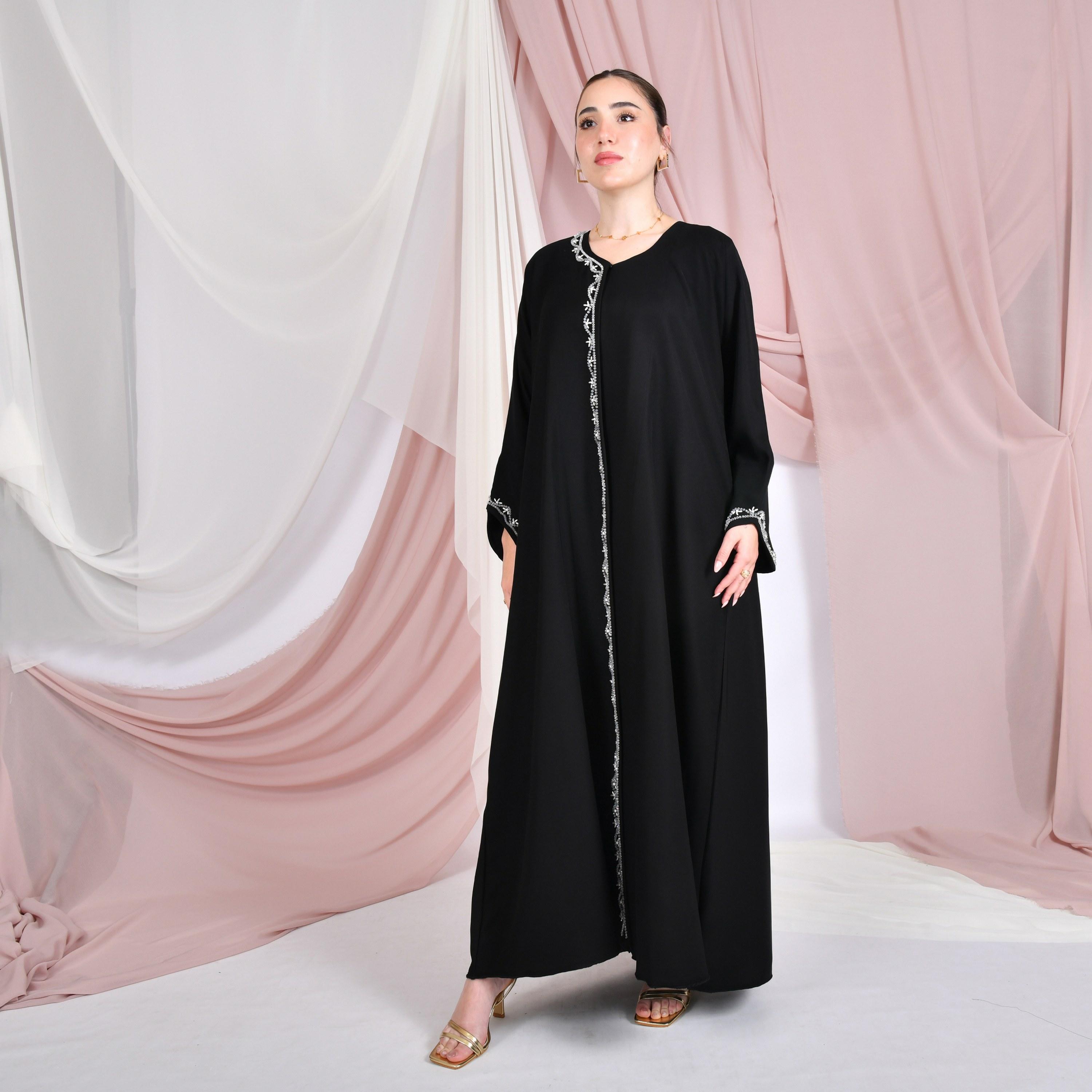 Hawraa Black Crystal Work Linen Women's Abaya with Hijab-women-arabicclothing-abayas-image-1