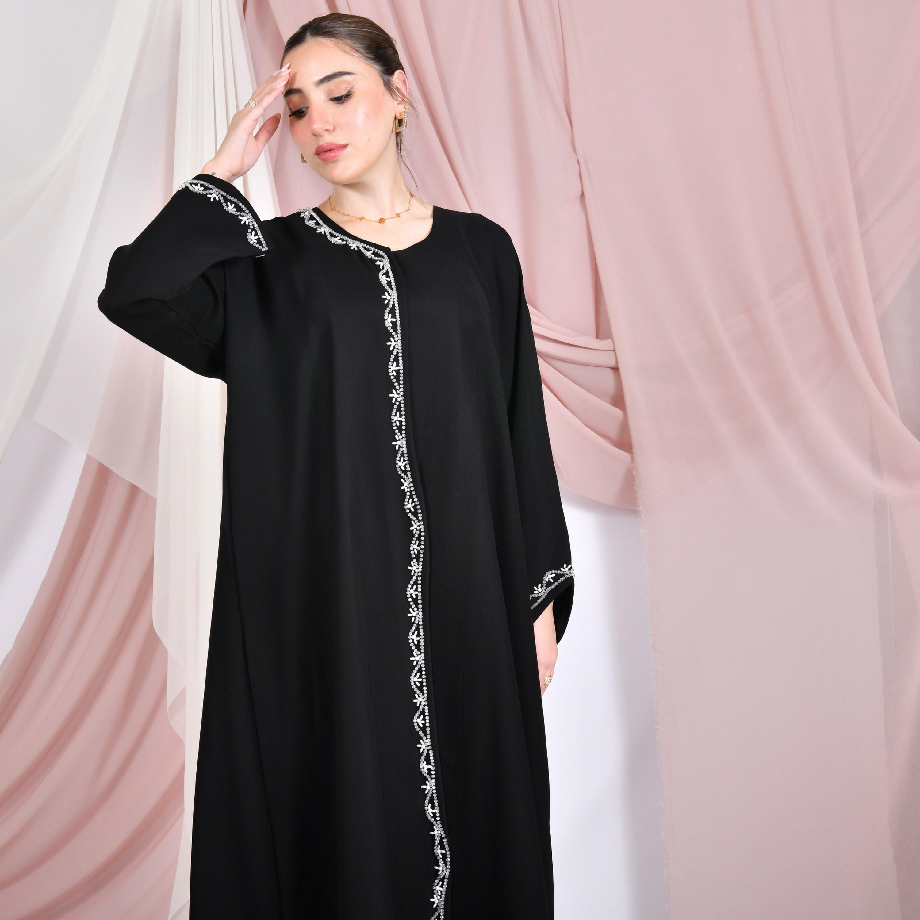 Hawraa Black Crystal Work Linen Women's Abaya with Hijab-women-arabicclothing-abayas-image-2