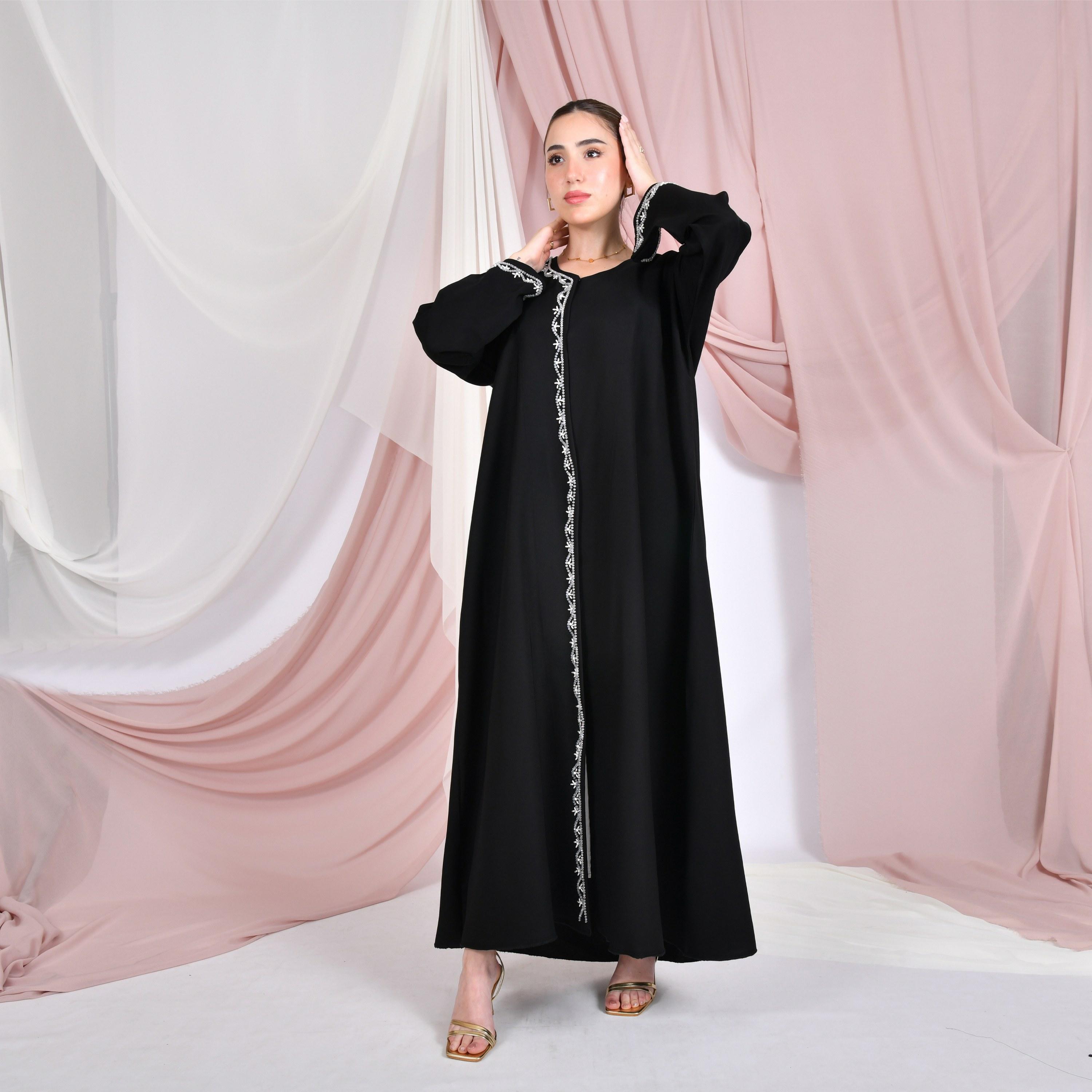 Hawraa Black Crystal Work Linen Women's Abaya with Hijab-women-arabicclothing-abayas-image-4