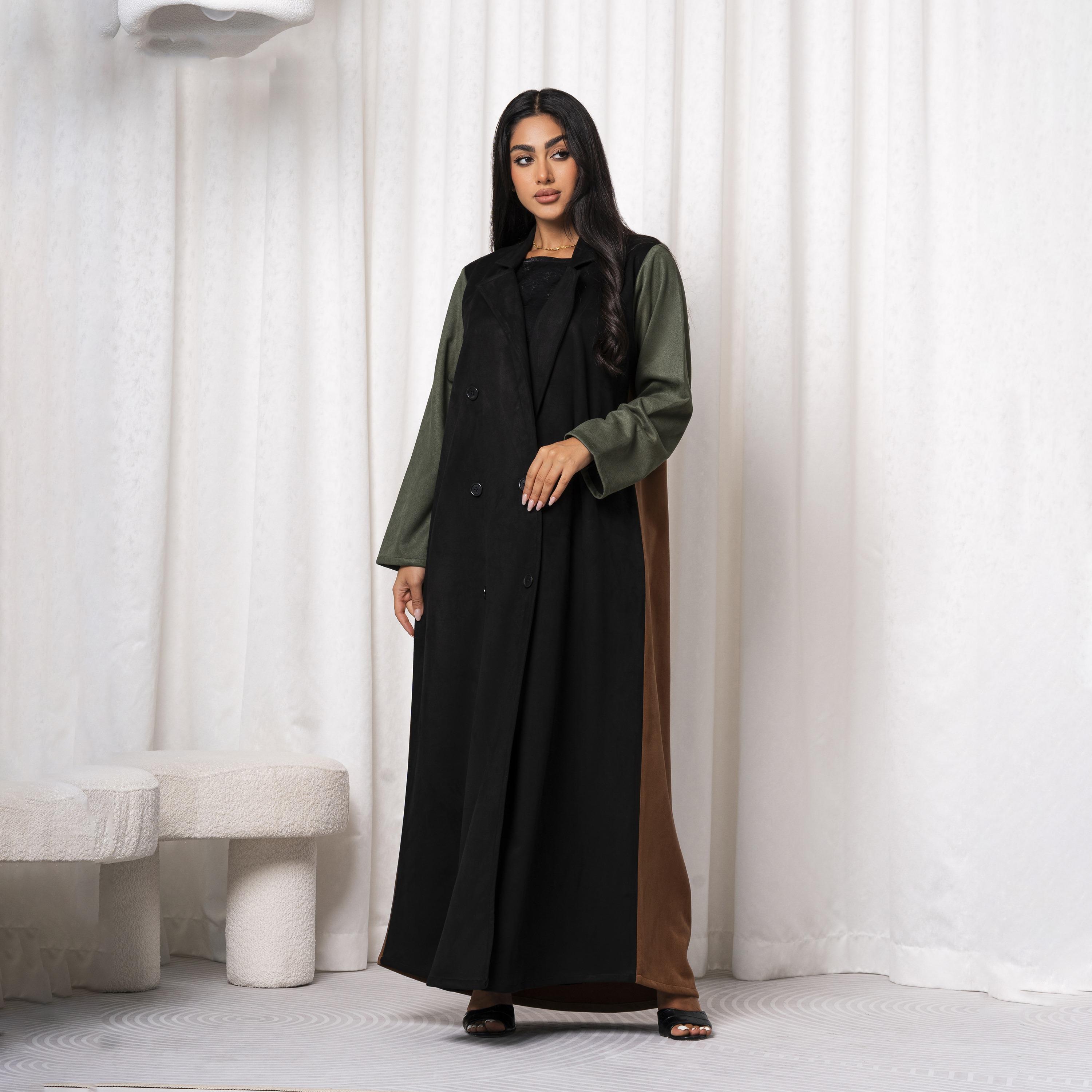 Moistreet Multicolour Notched Lapel Embroidered Handmade Barbie Crepe Women's Abaya-women-arabicclothing-abayas-image-1