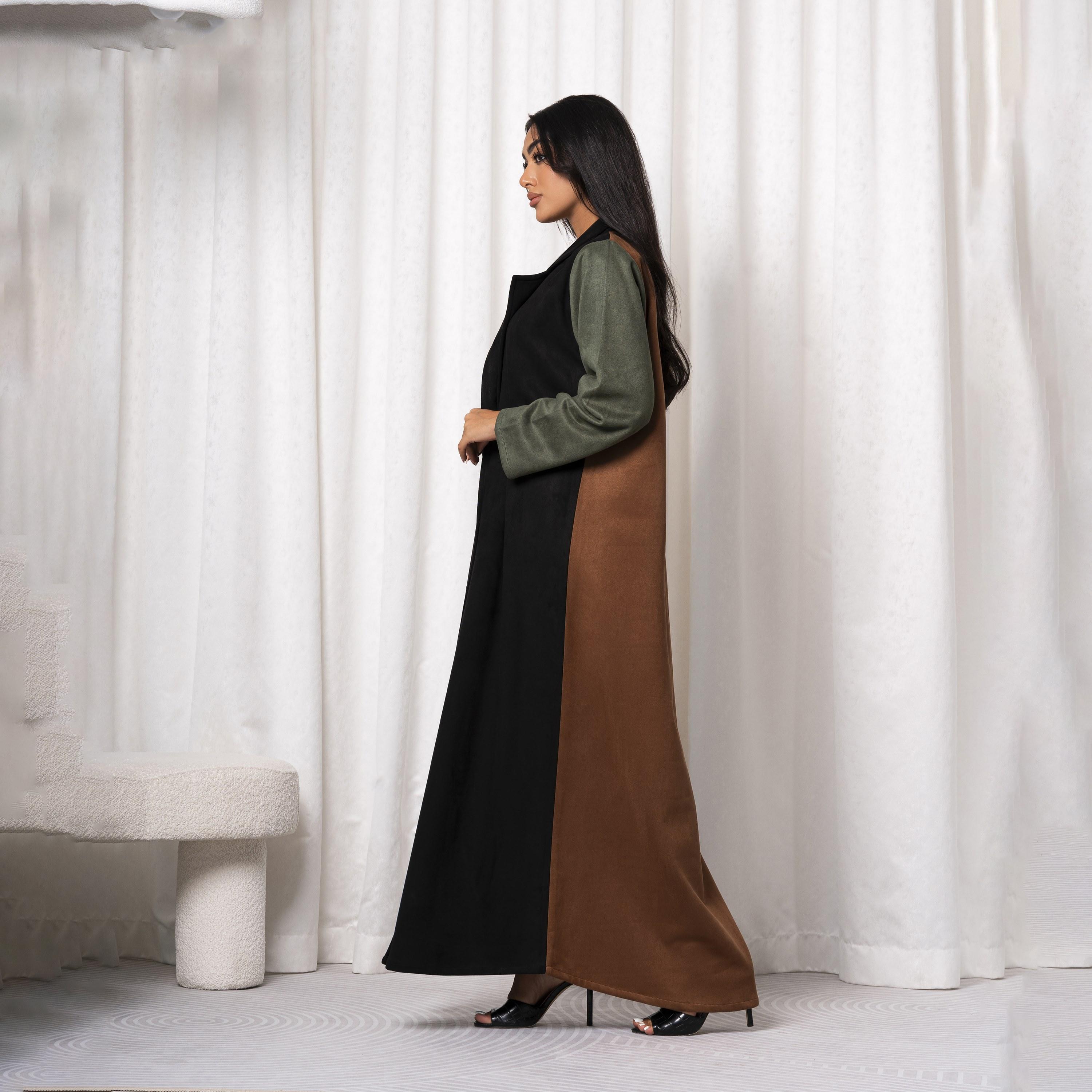 Moistreet Multicolour Notched Lapel Embroidered Handmade Barbie Crepe Women's Abaya-women-arabicclothing-abayas-image-2