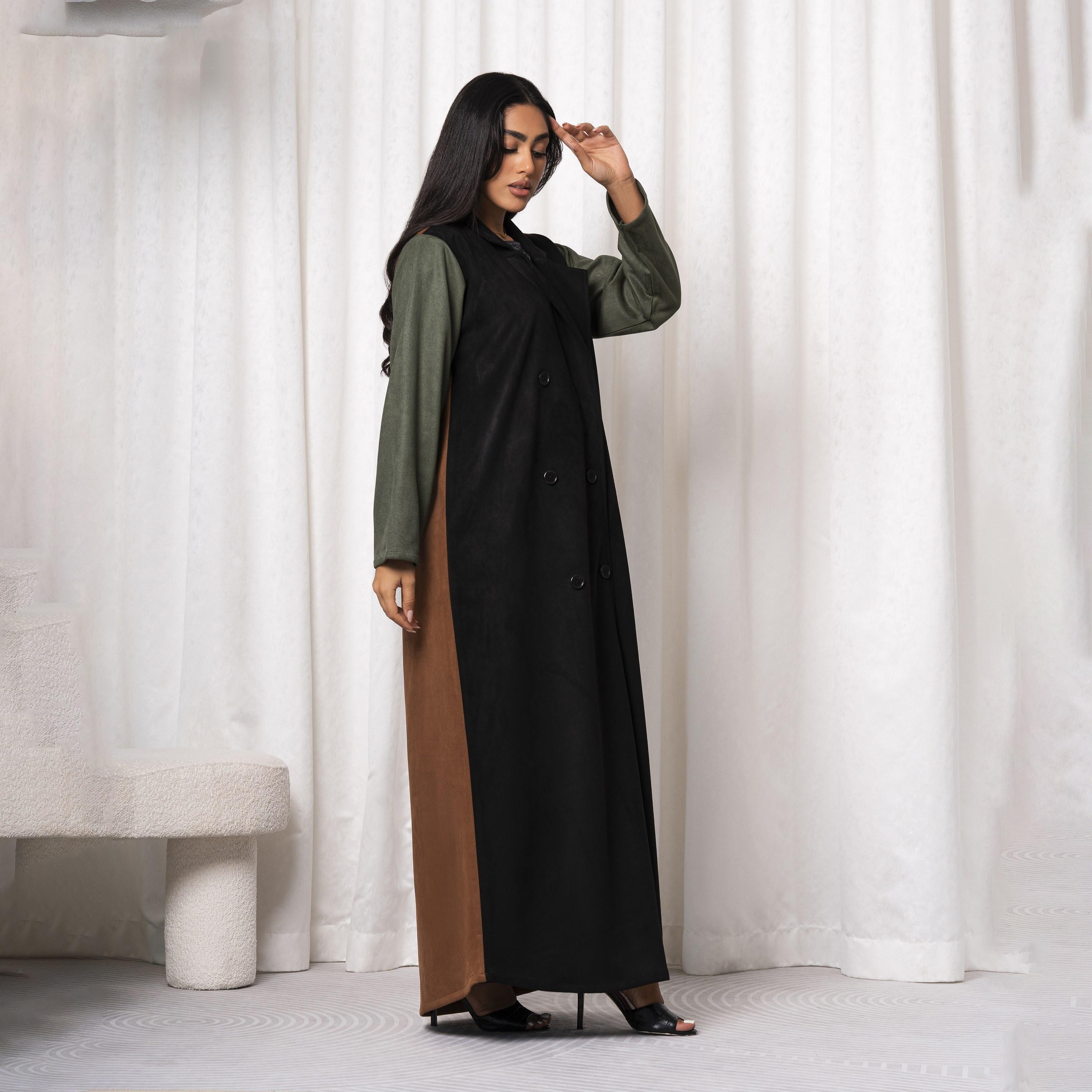 Moistreet Multicolour Notched Lapel Embroidered Handmade Barbie Crepe Women's Abaya-women-arabicclothing-abayas-image-3