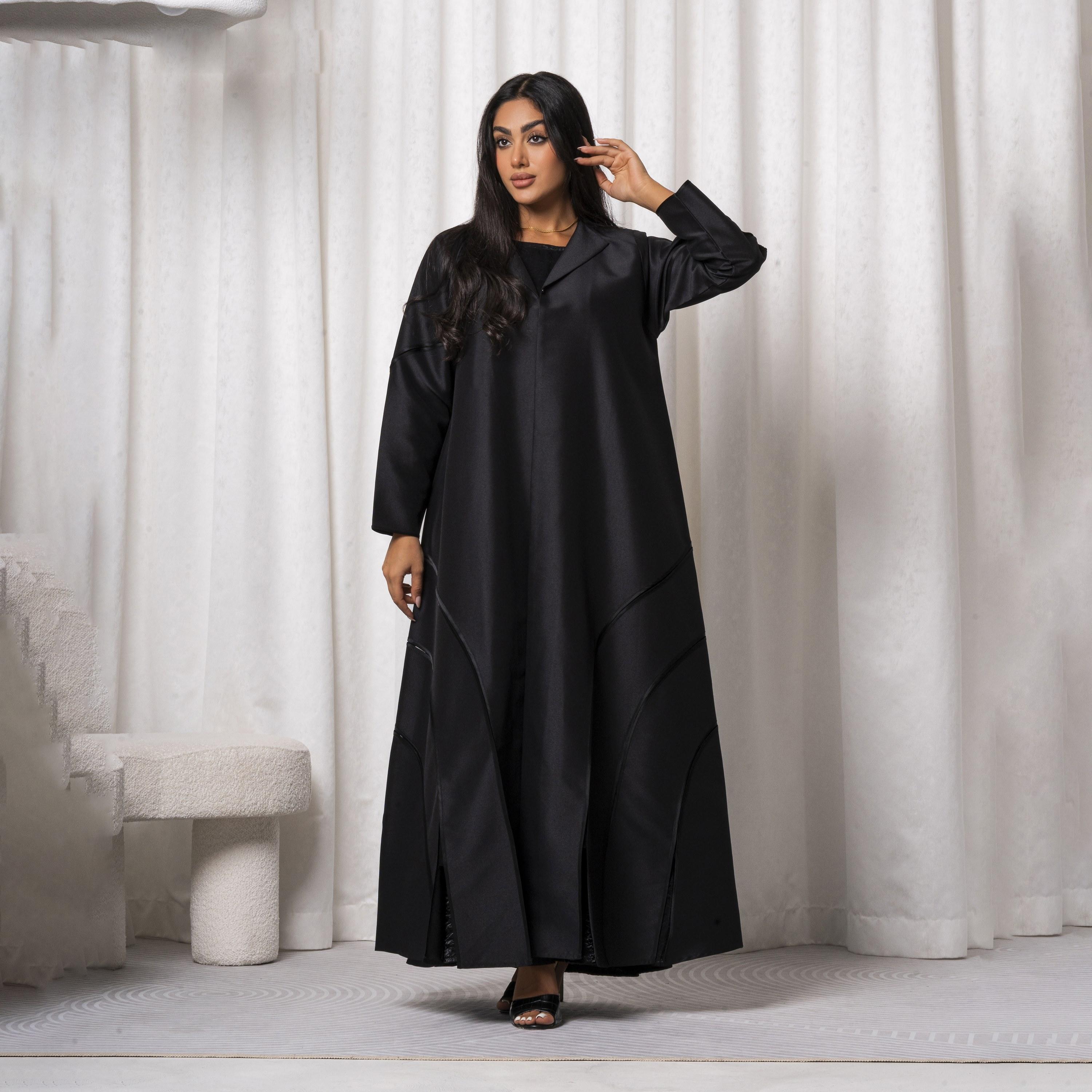 Moistreet Black Notched Lapel Embroidered Handmade Victoria Satin Women's Abaya-women-arabicclothing-abayas-image-1
