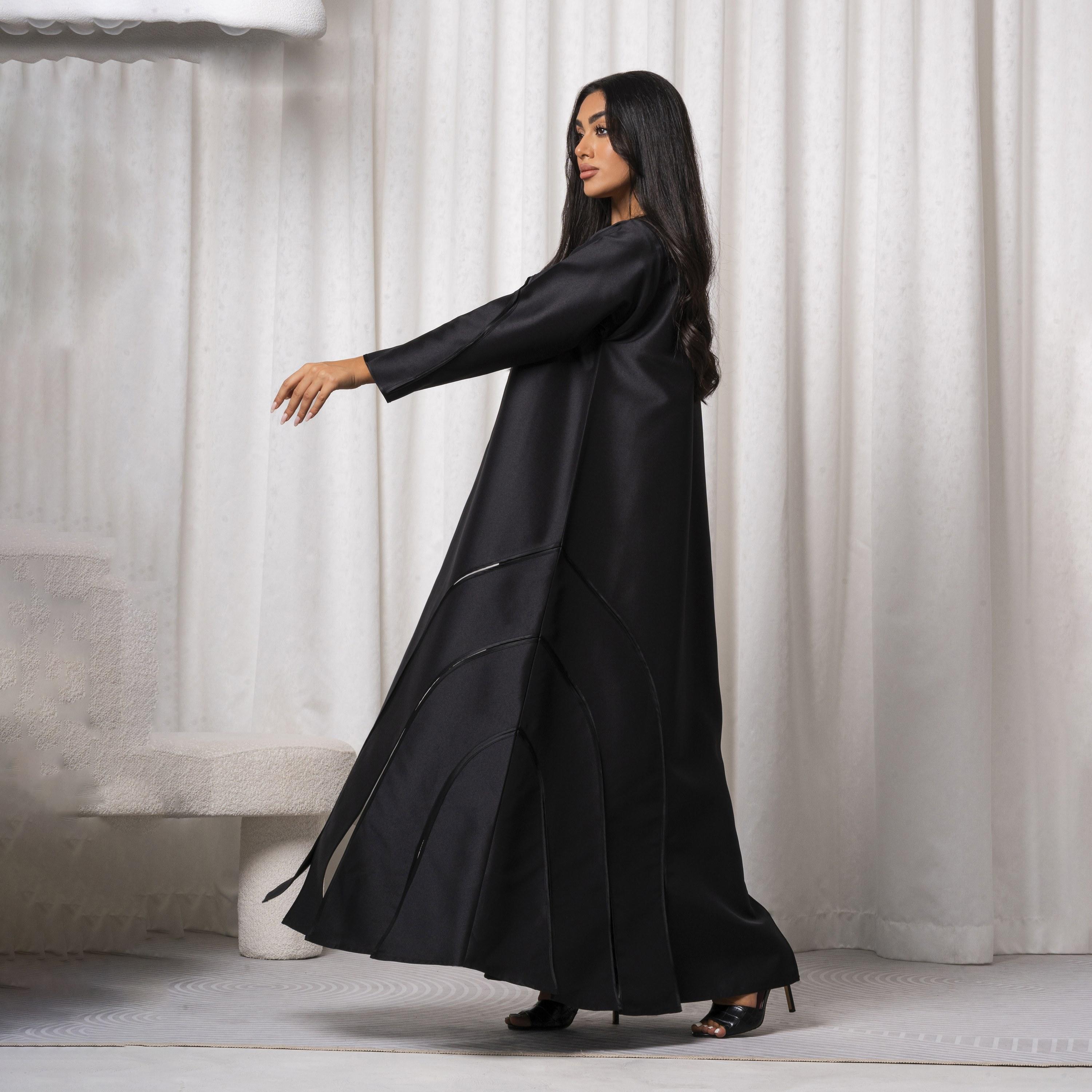 Moistreet Black Notched Lapel Embroidered Handmade Victoria Satin Women's Abaya-women-arabicclothing-abayas-image-2