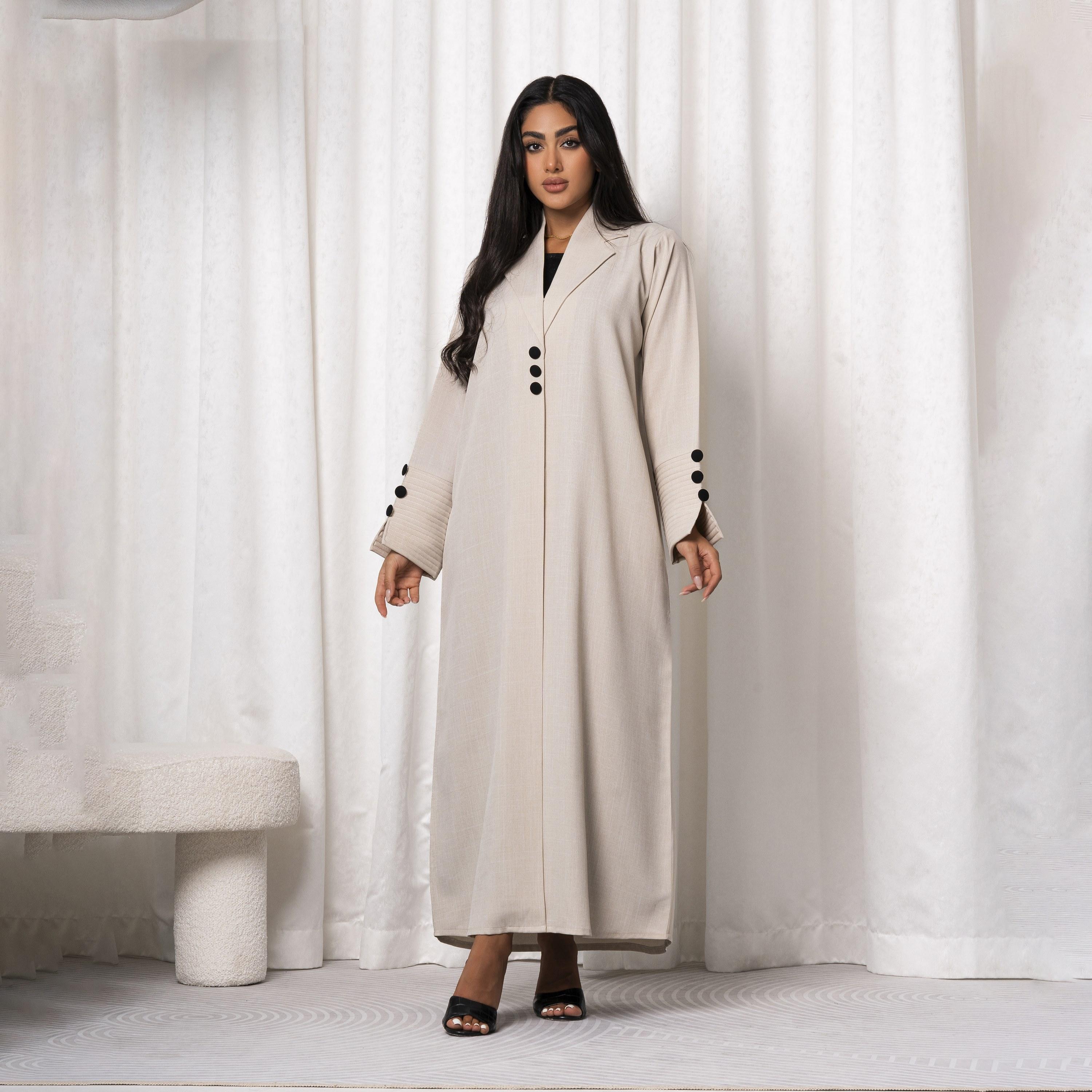 Moistreet Beige Notched Lapel Handmade Melange Women's Abaya-women-arabicclothing-abayas-image-1
