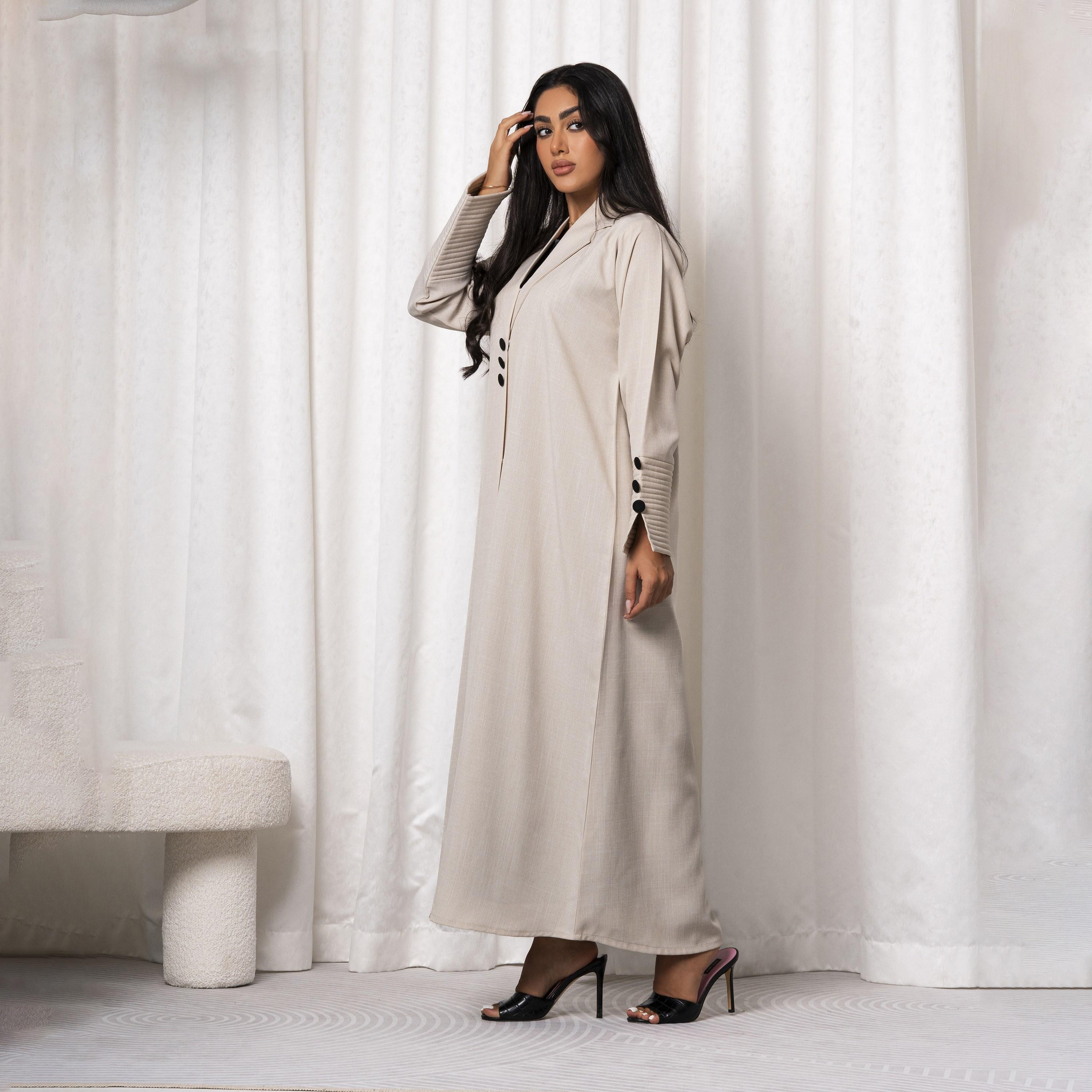 Moistreet Beige Notched Lapel Handmade Melange Women's Abaya-women-arabicclothing-abayas-image-2