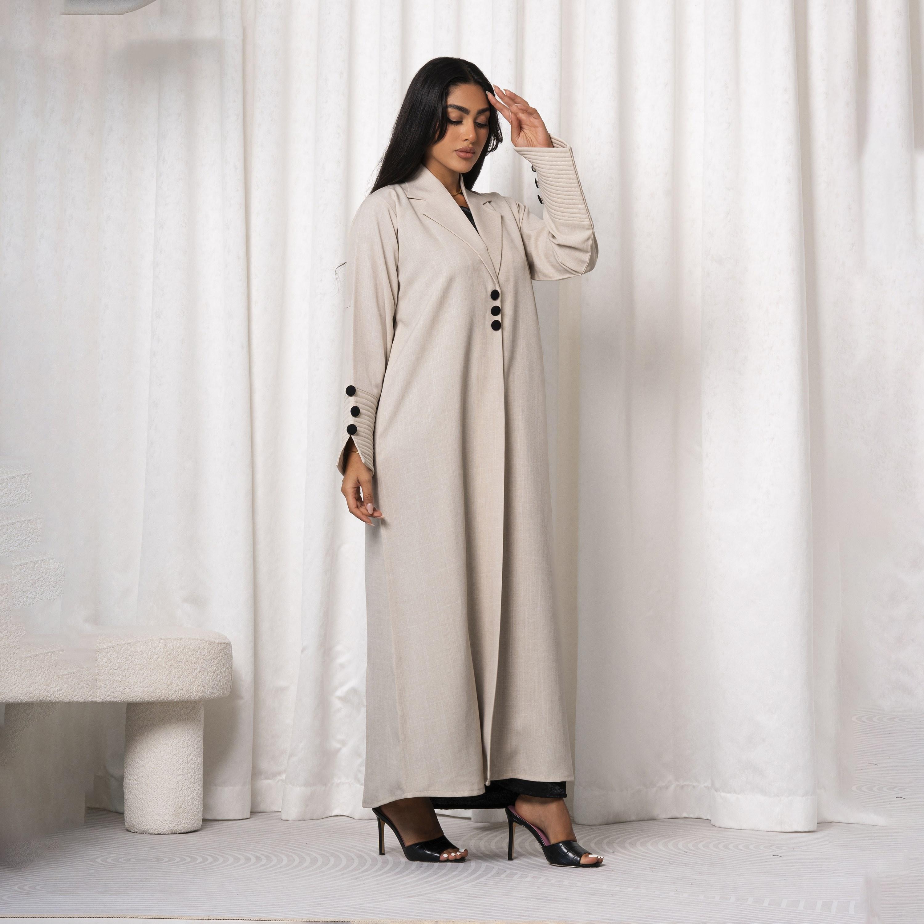 Moistreet Beige Notched Lapel Handmade Melange Women's Abaya-women-arabicclothing-abayas-image-3