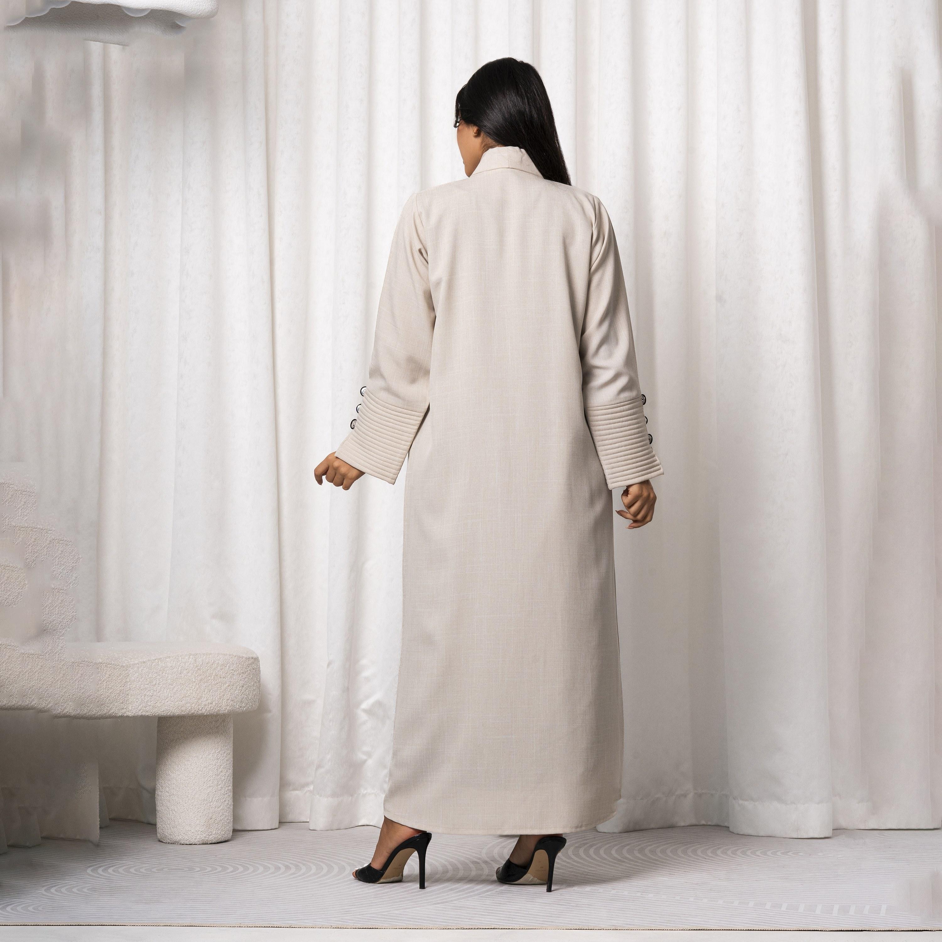 Moistreet Beige Notched Lapel Handmade Melange Women's Abaya-women-arabicclothing-abayas-image-4