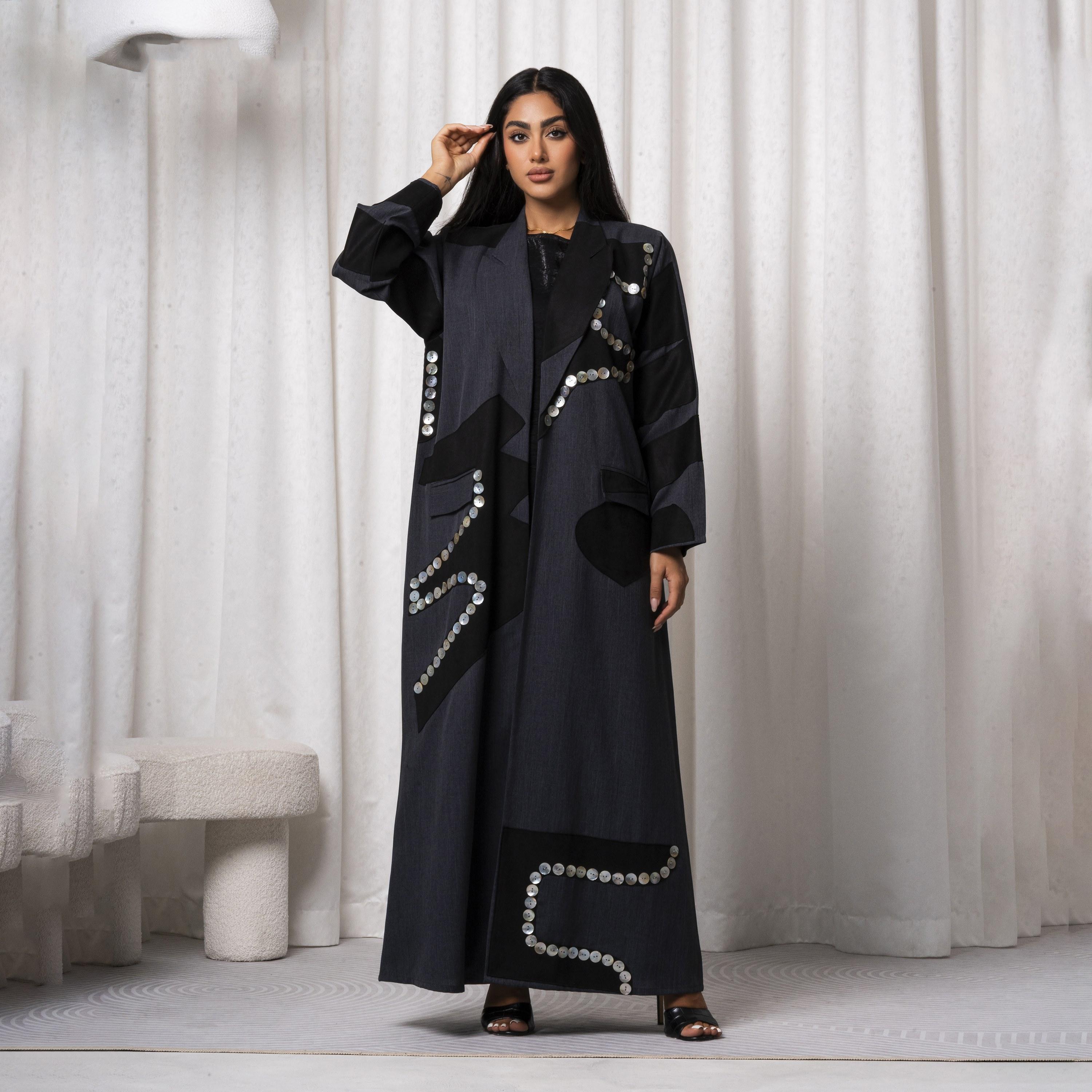 Moistreet Black Peaked Lapel Embellished Handmade Melange Women's Abaya-women-arabicclothing-abayas-image-1