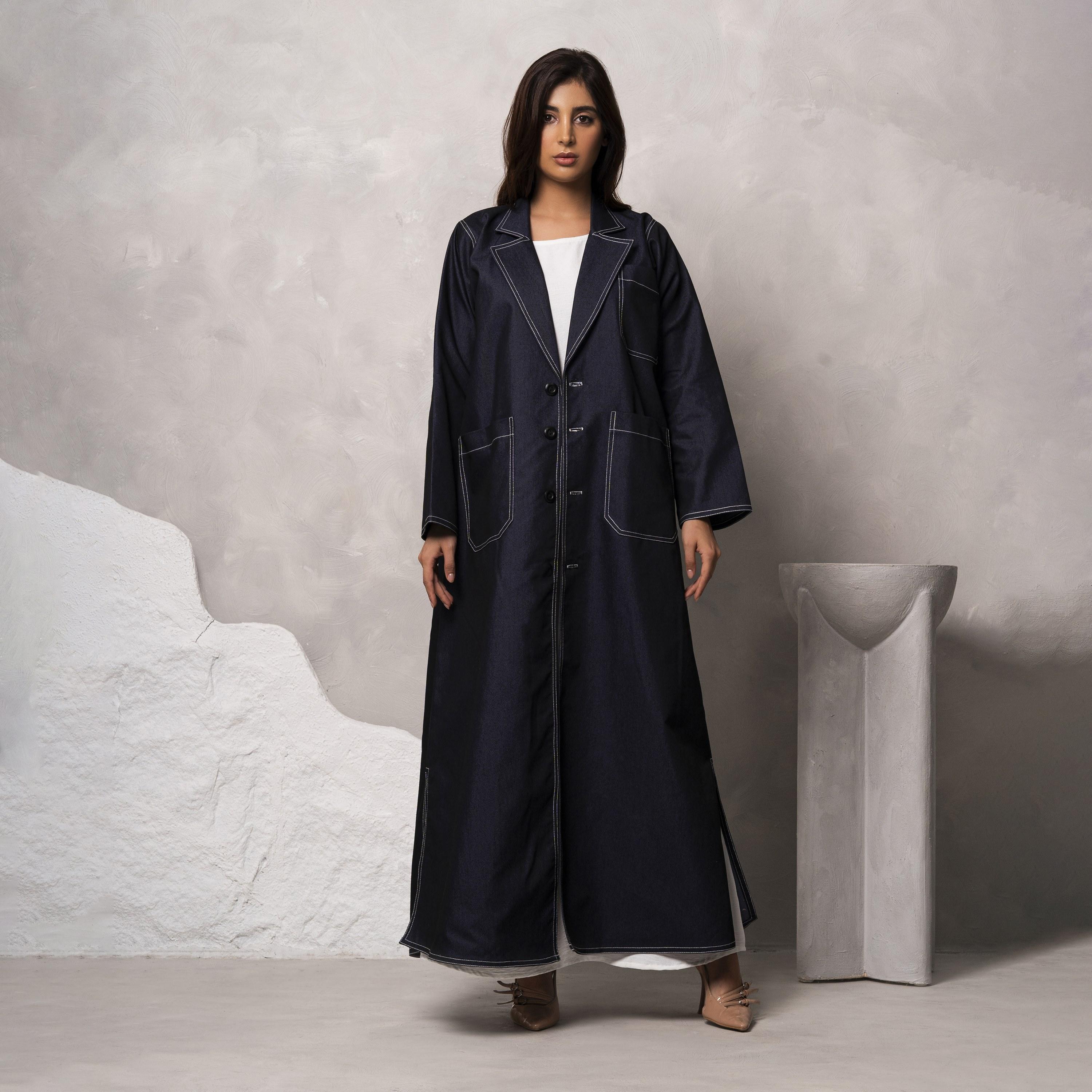 Moistreet Blue Peaked Lapel Embroidered Handmade Melange Women's Abaya-women-arabicclothing-abayas-image-1