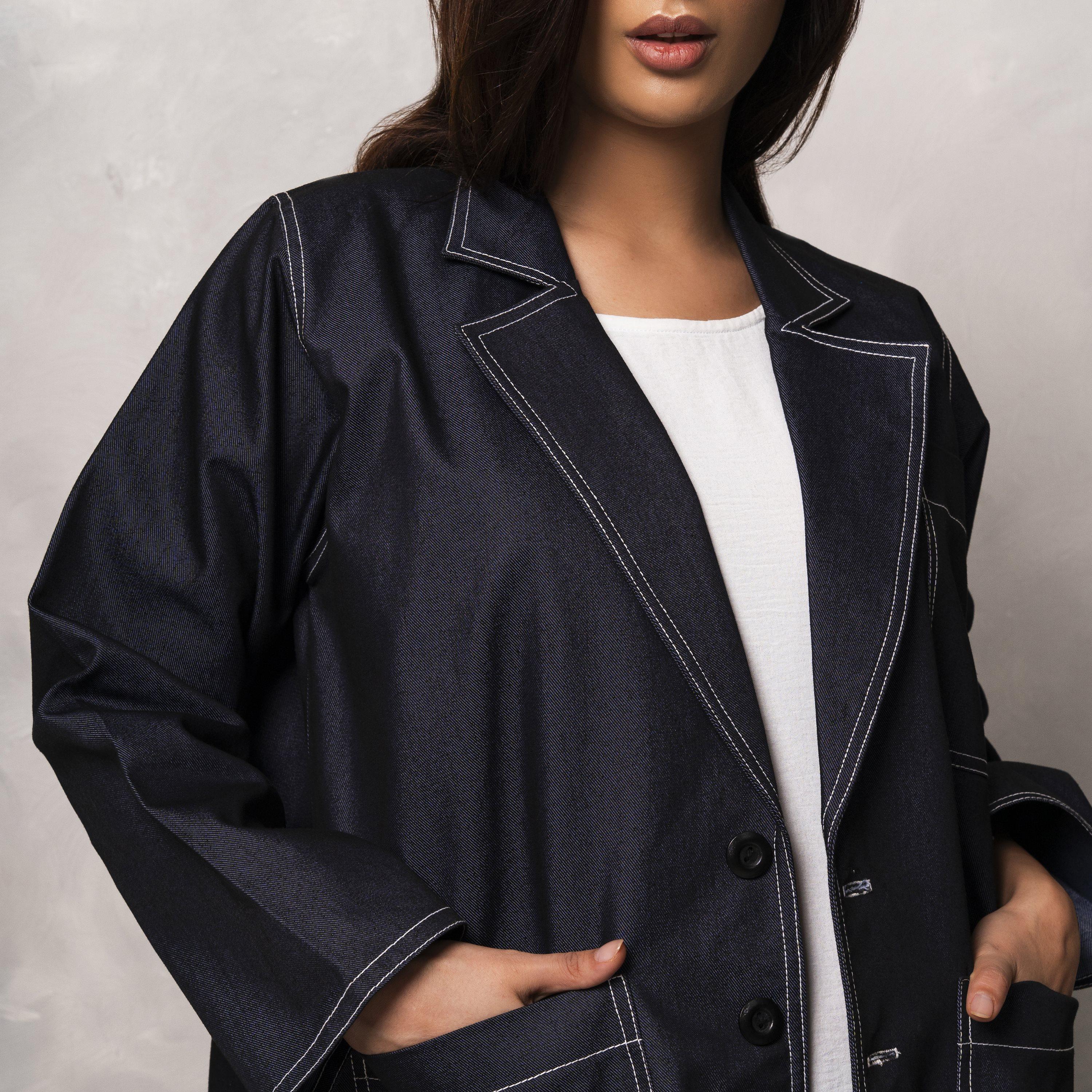 Moistreet Blue Peaked Lapel Embroidered Handmade Melange Women's Abaya-women-arabicclothing-abayas-image-2
