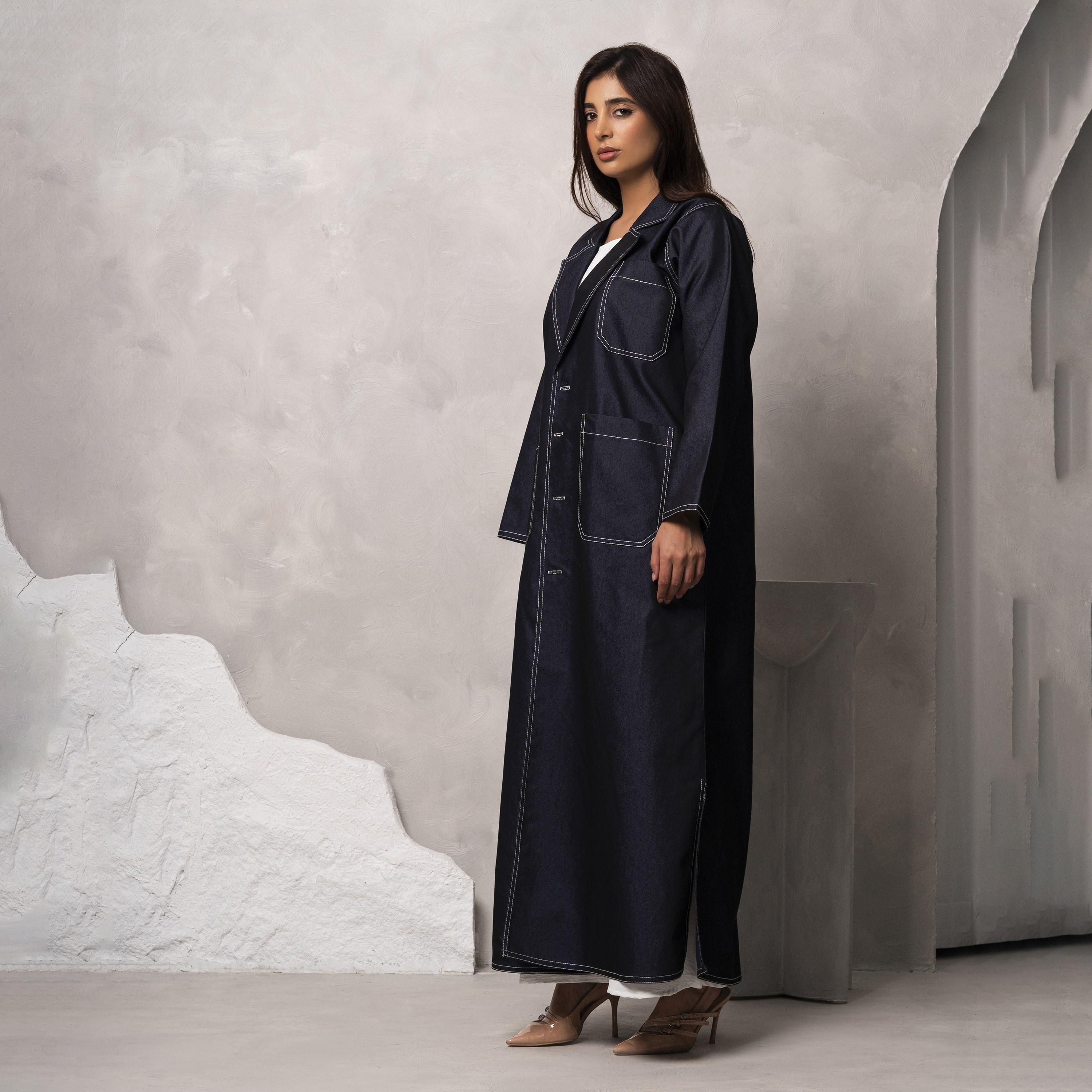 Moistreet Blue Peaked Lapel Embroidered Handmade Melange Women's Abaya-women-arabicclothing-abayas-image-3