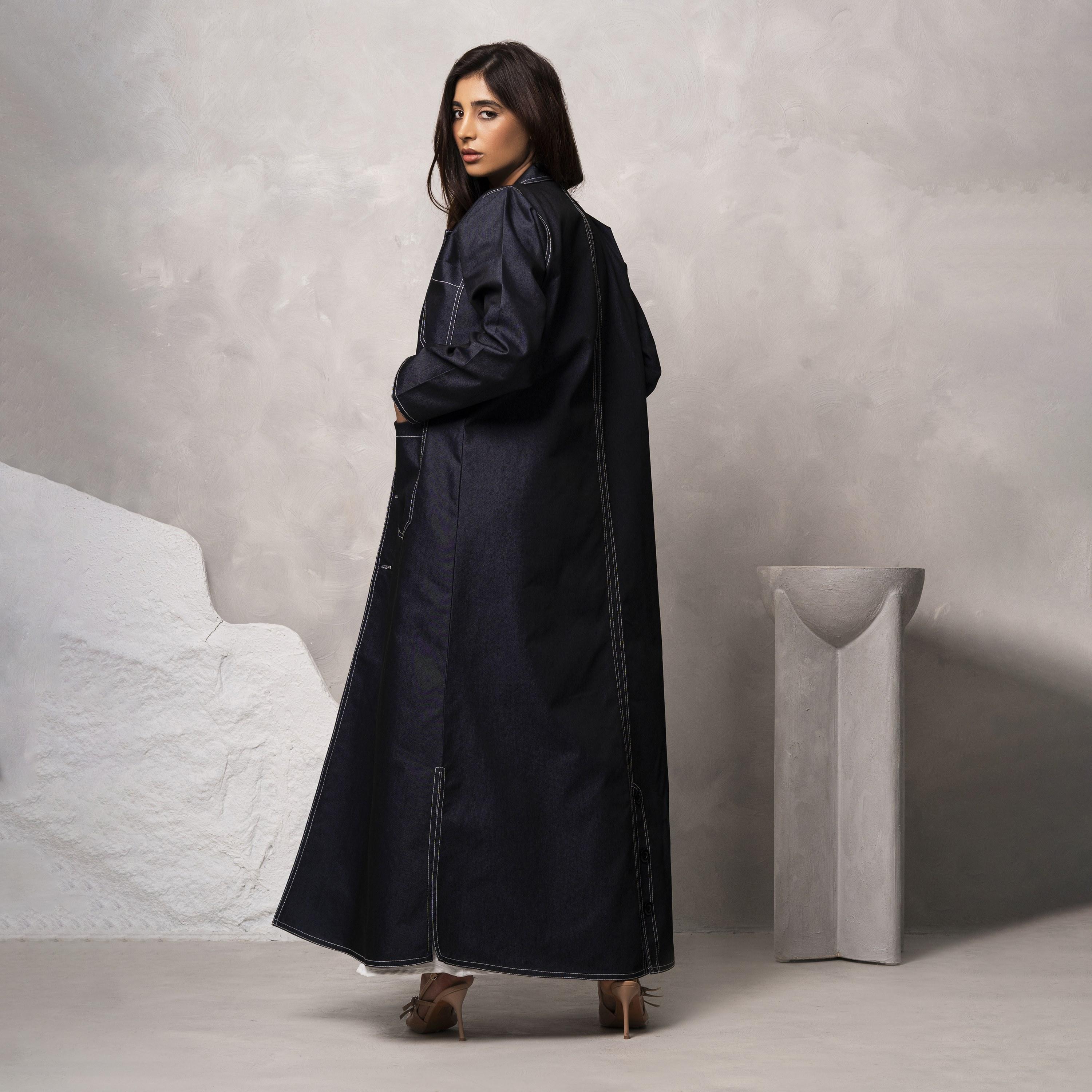 Moistreet Blue Peaked Lapel Embroidered Handmade Melange Women's Abaya-women-arabicclothing-abayas-image-4