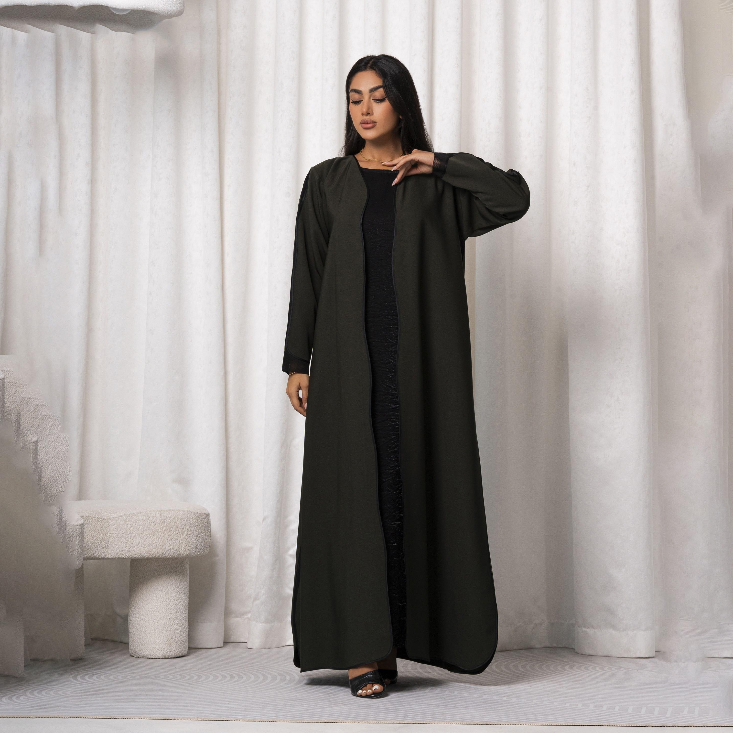 عباية نسائية خضراء مفتوحة من الأمام مصنوعة يدويًا بألوان مختلطة من مويستريت-women-arabicclothing-abayas-image-1