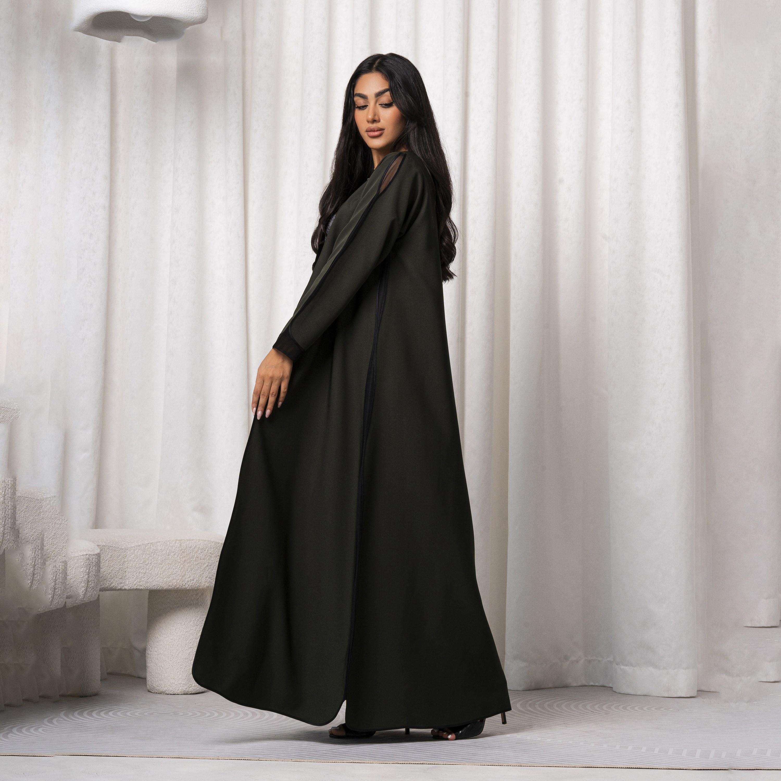 عباية نسائية خضراء مفتوحة من الأمام مصنوعة يدويًا بألوان مختلطة من مويستريت-women-arabicclothing-abayas-image-2