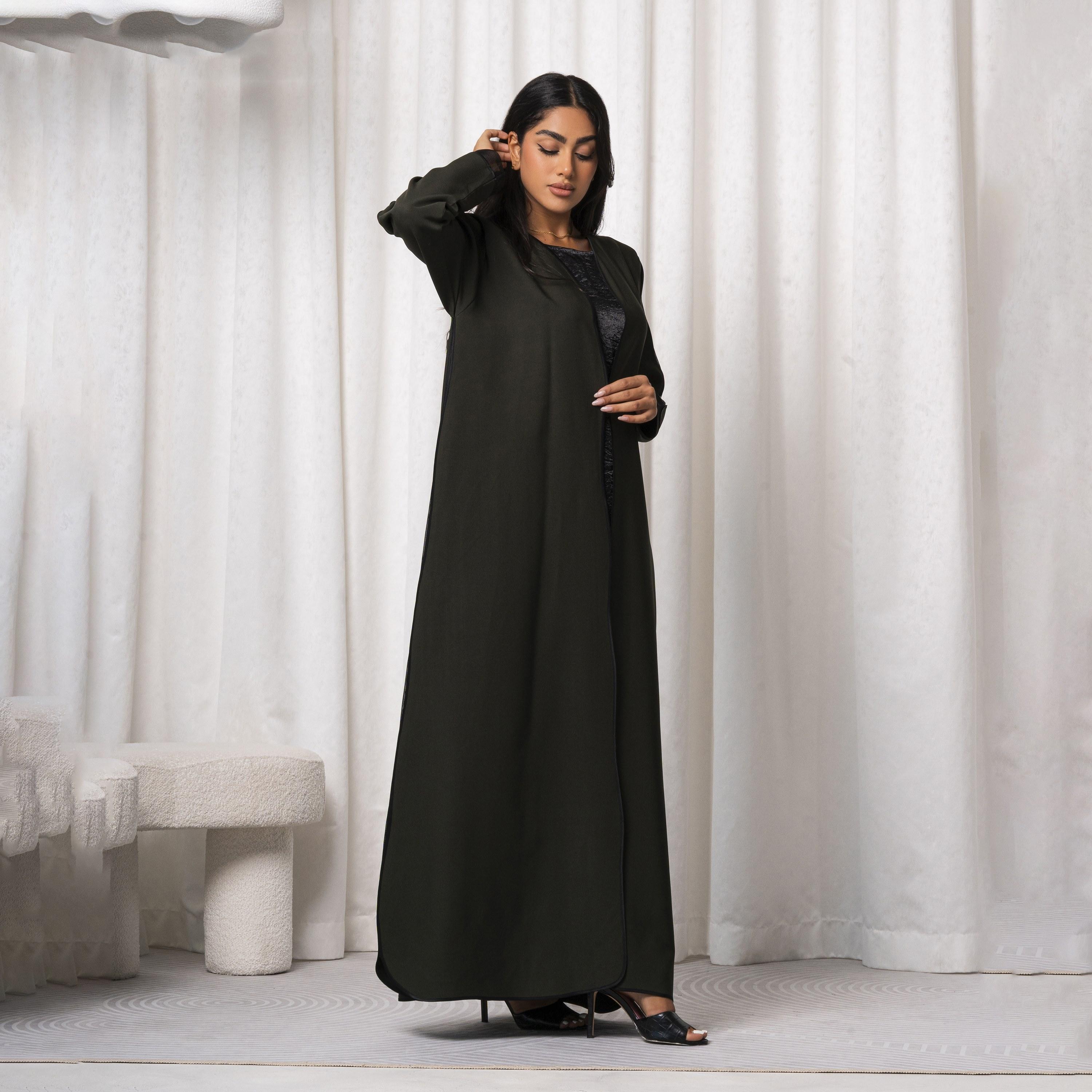 عباية نسائية خضراء مفتوحة من الأمام مصنوعة يدويًا بألوان مختلطة من مويستريت-women-arabicclothing-abayas-image-3