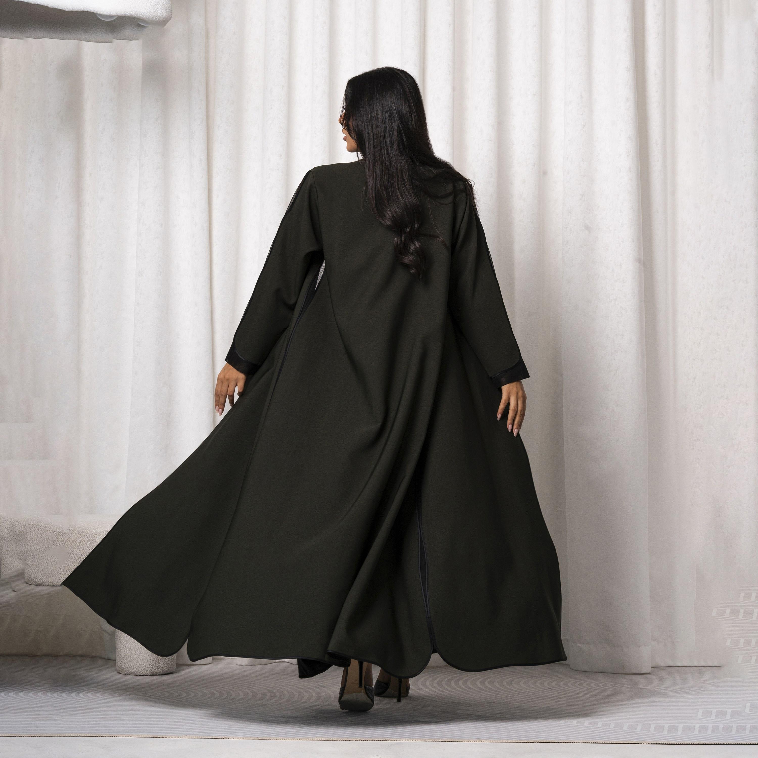 عباية نسائية خضراء مفتوحة من الأمام مصنوعة يدويًا بألوان مختلطة من مويستريت-women-arabicclothing-abayas-image-4