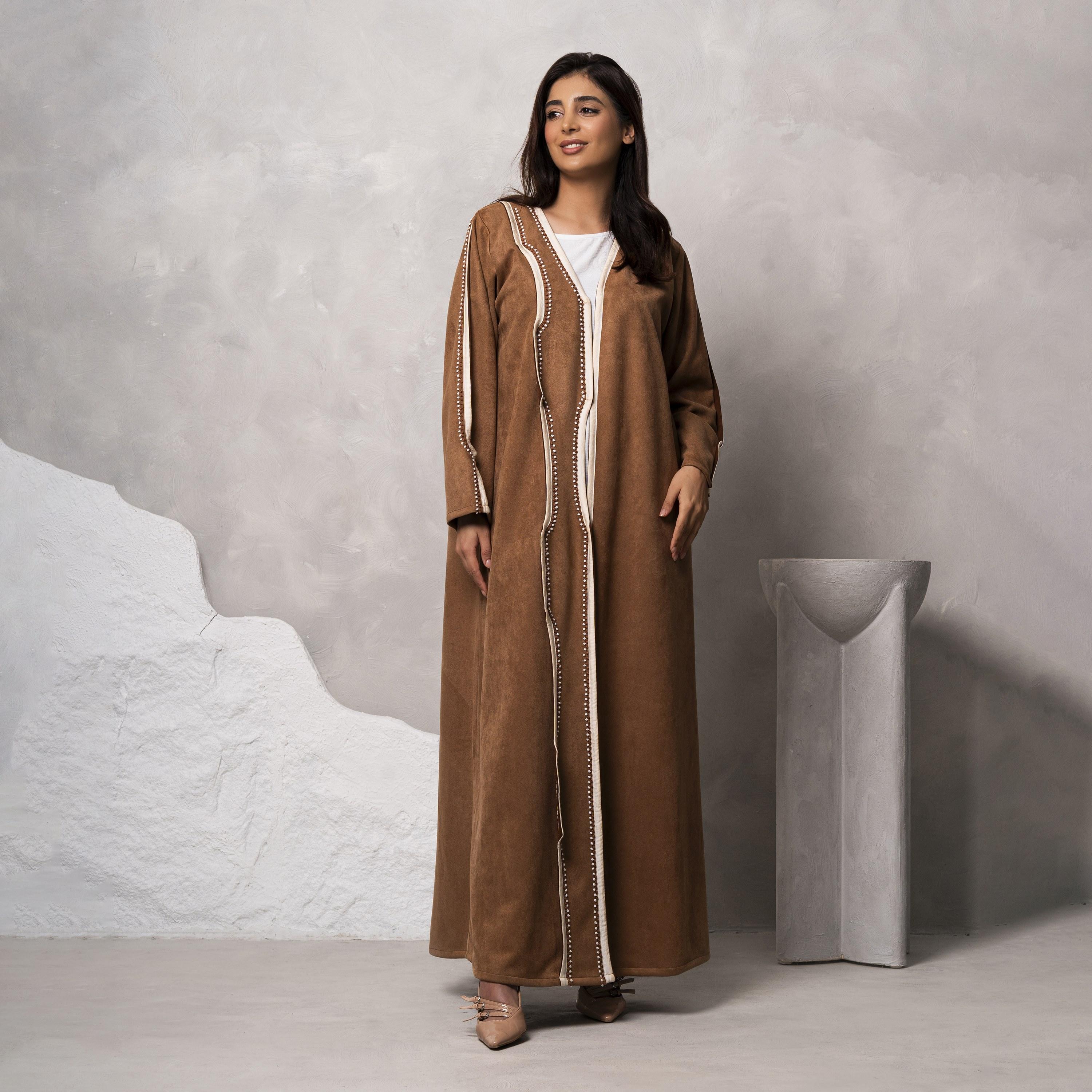 Moistreet Brown Embroidered Handmade Suede Shamua Women's Abaya-women-arabicclothing-abayas-image-1