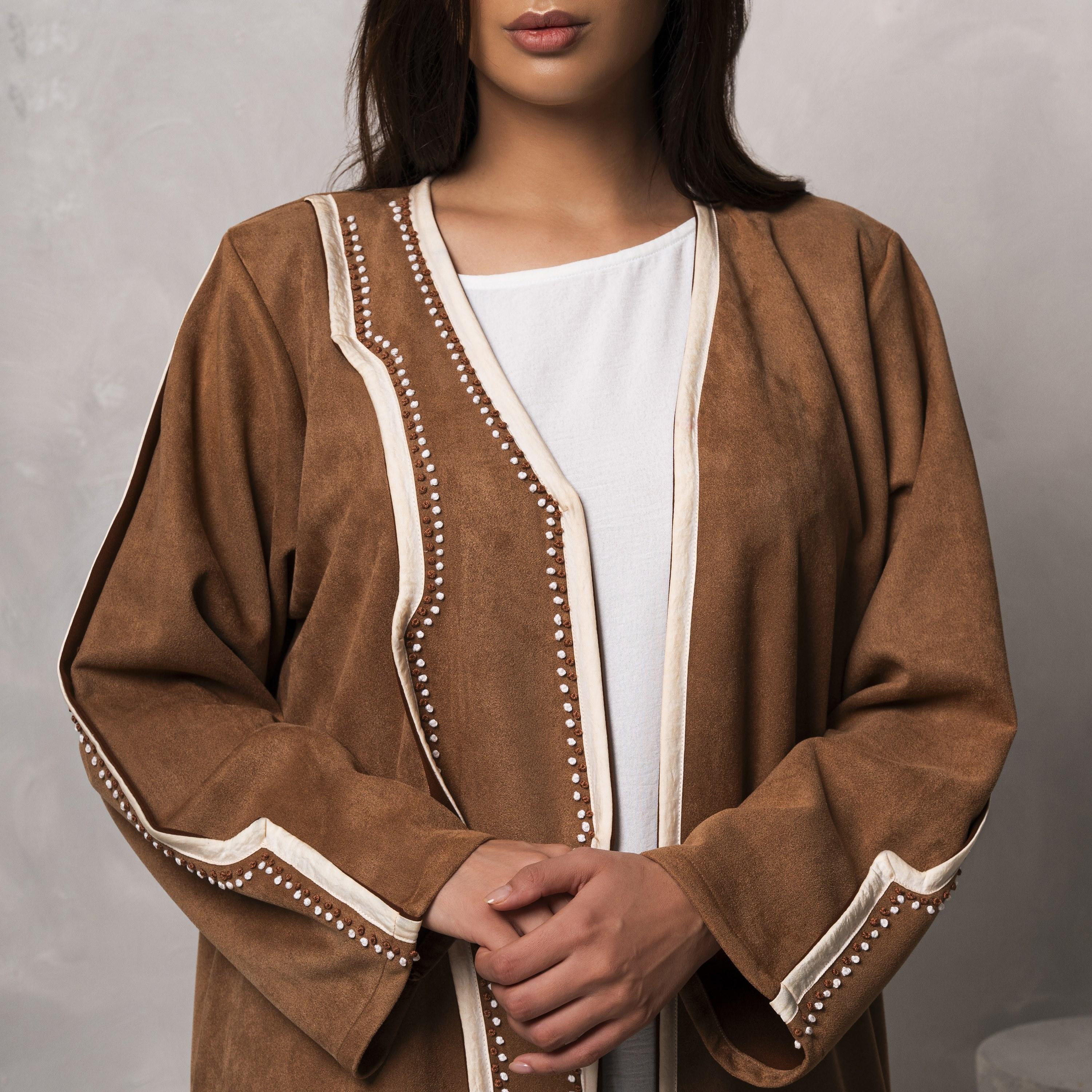 Moistreet Brown Embroidered Handmade Suede Shamua Women's Abaya-women-arabicclothing-abayas-image-2