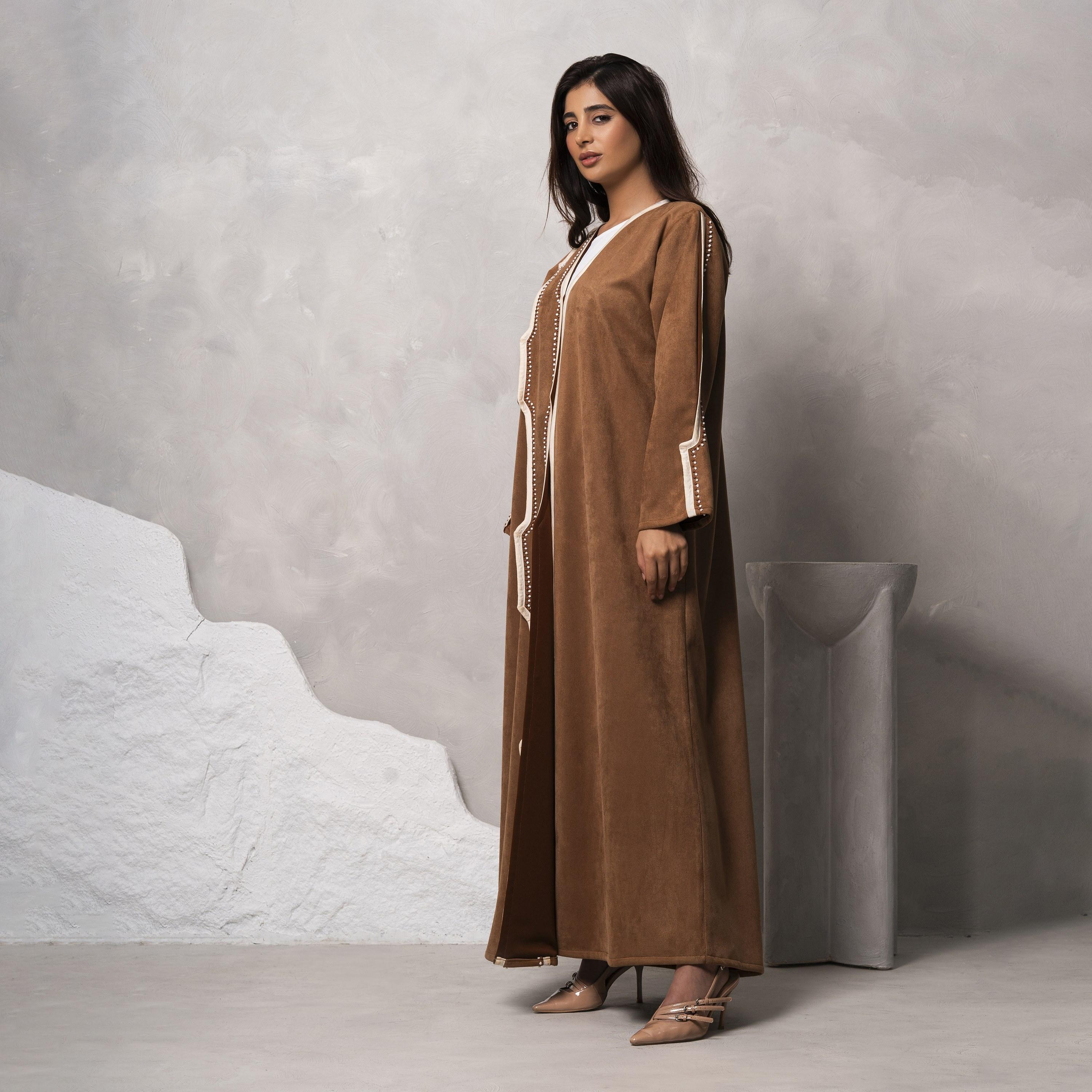 Moistreet Brown Embroidered Handmade Suede Shamua Women's Abaya-women-arabicclothing-abayas-image-3
