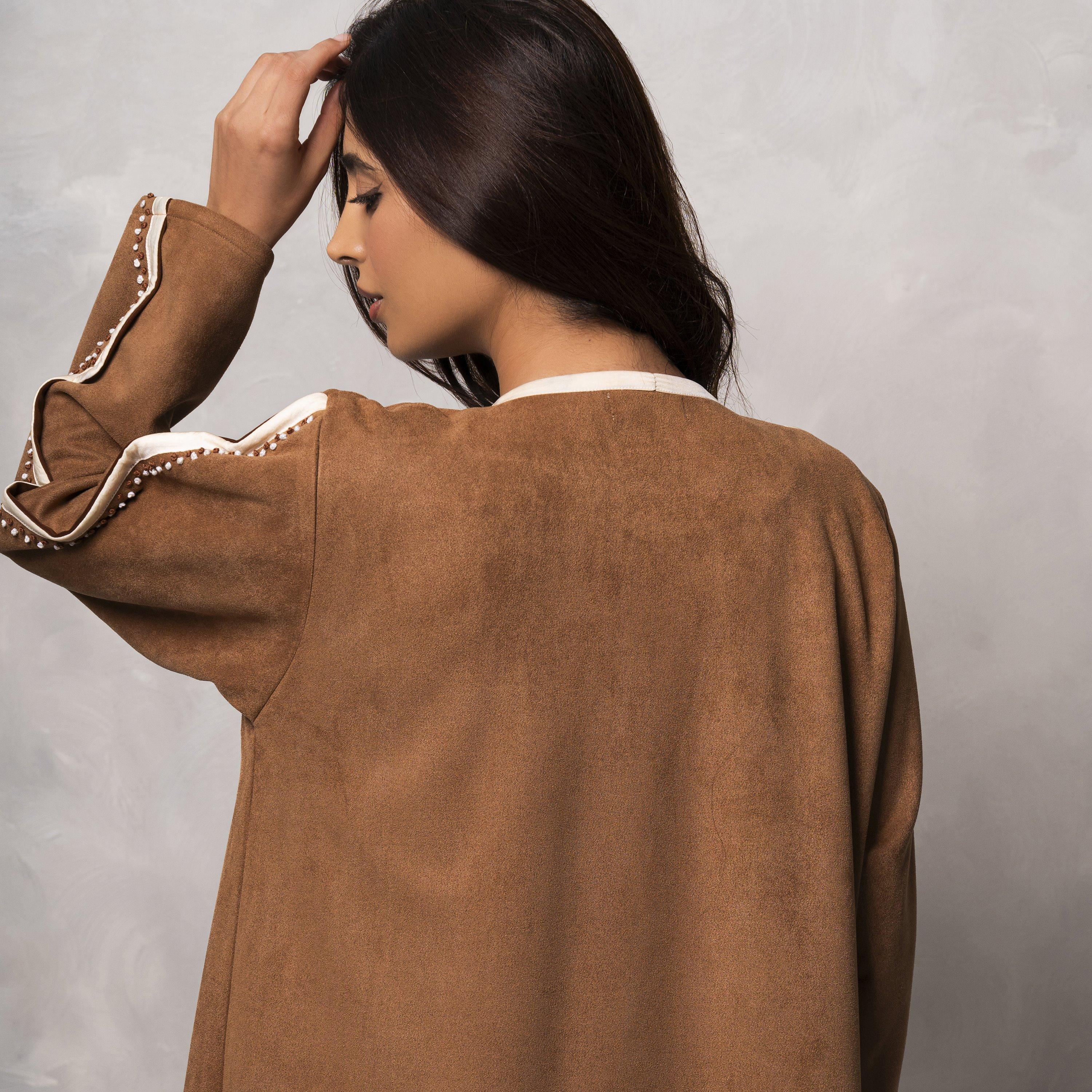 Moistreet Brown Embroidered Handmade Suede Shamua Women's Abaya-women-arabicclothing-abayas-image-4
