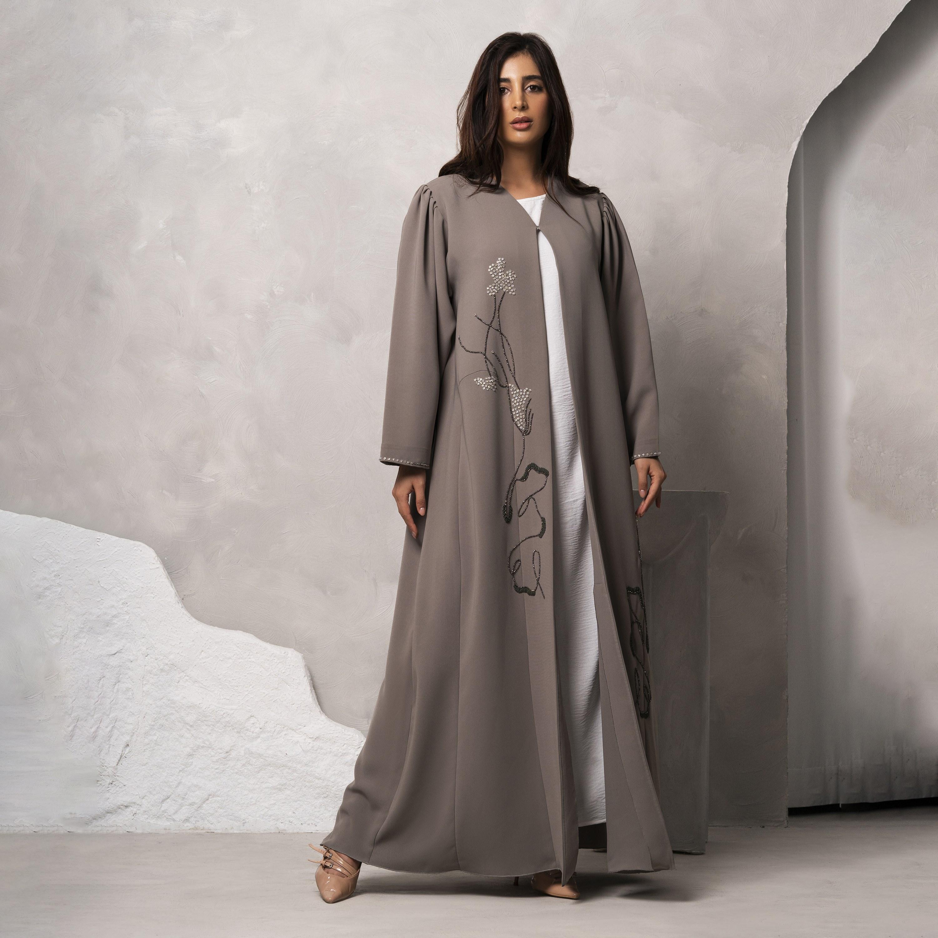 Moistreet Beige Crystal Embellished Handmade Barbie Crepe Women's Abaya-women-arabicclothing-abayas-image-1