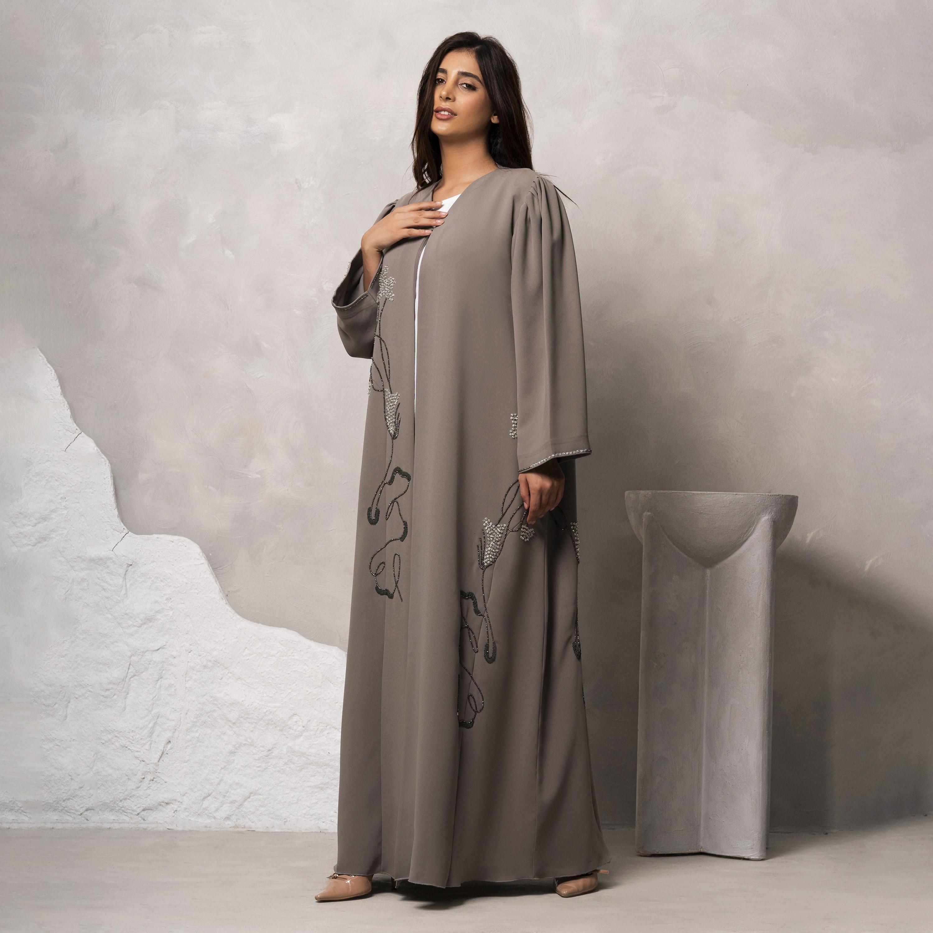 Moistreet Beige Crystal Embellished Handmade Barbie Crepe Women's Abaya-women-arabicclothing-abayas-image-2