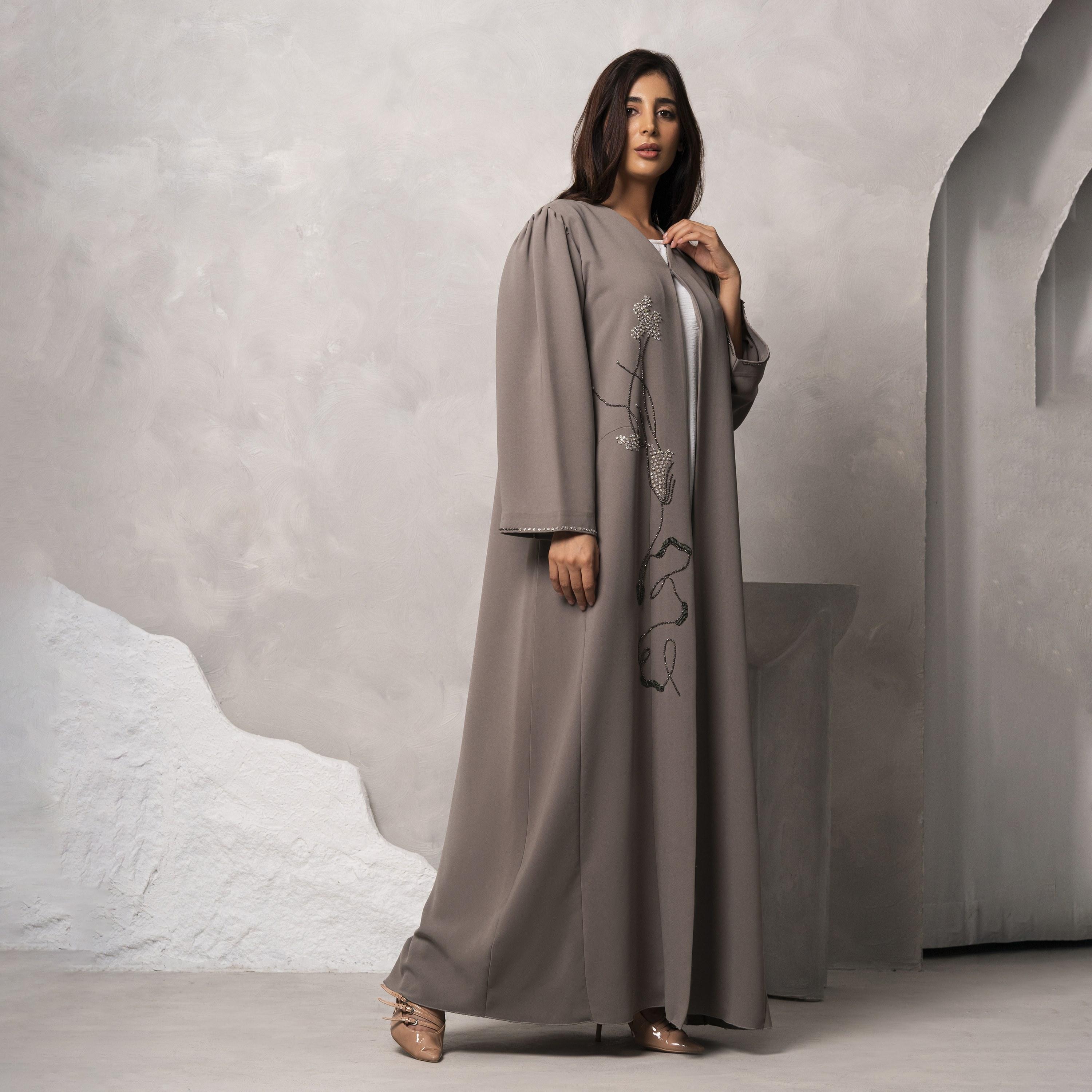 Moistreet Beige Crystal Embellished Handmade Barbie Crepe Women's Abaya-women-arabicclothing-abayas-image-3