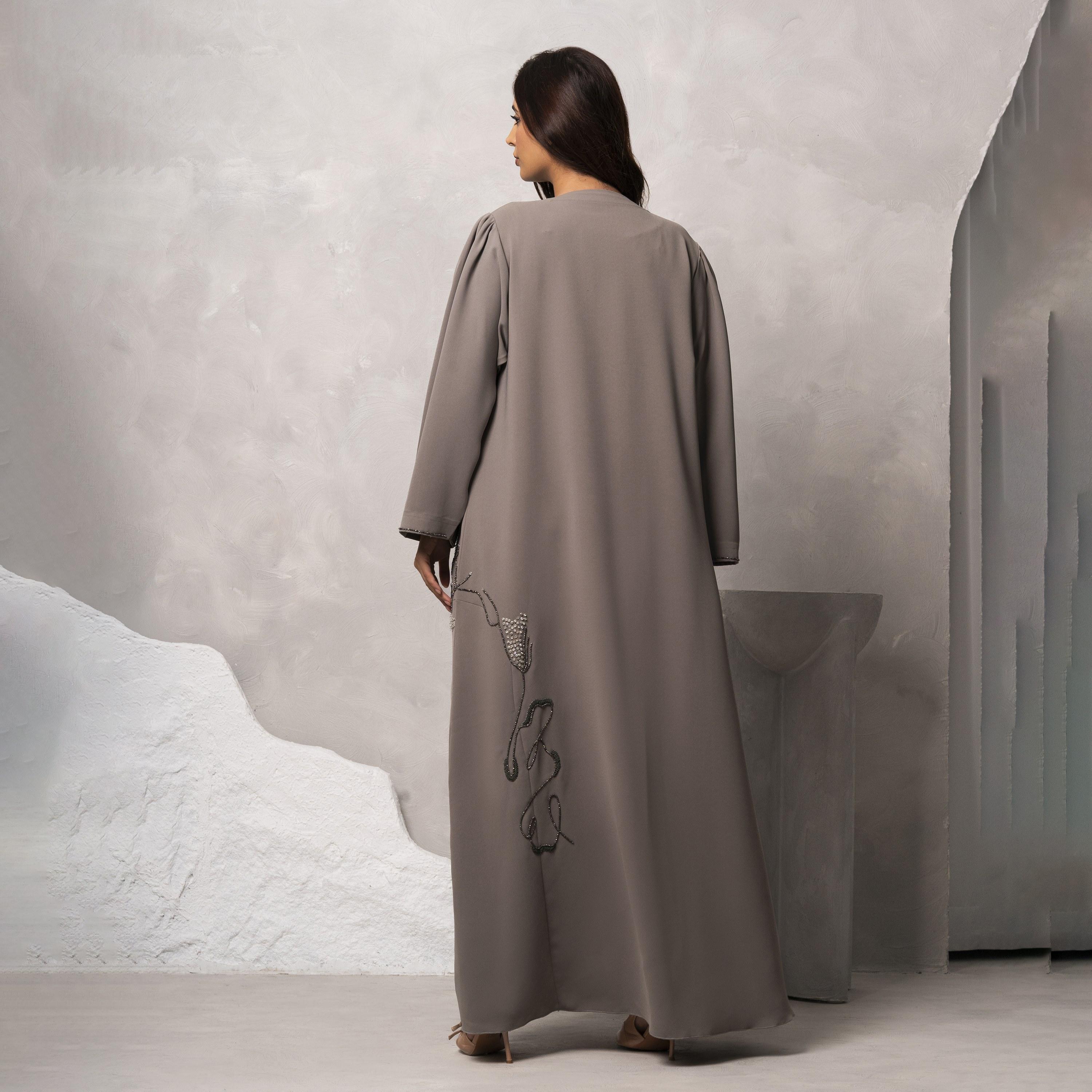 Moistreet Beige Crystal Embellished Handmade Barbie Crepe Women's Abaya-women-arabicclothing-abayas-image-4