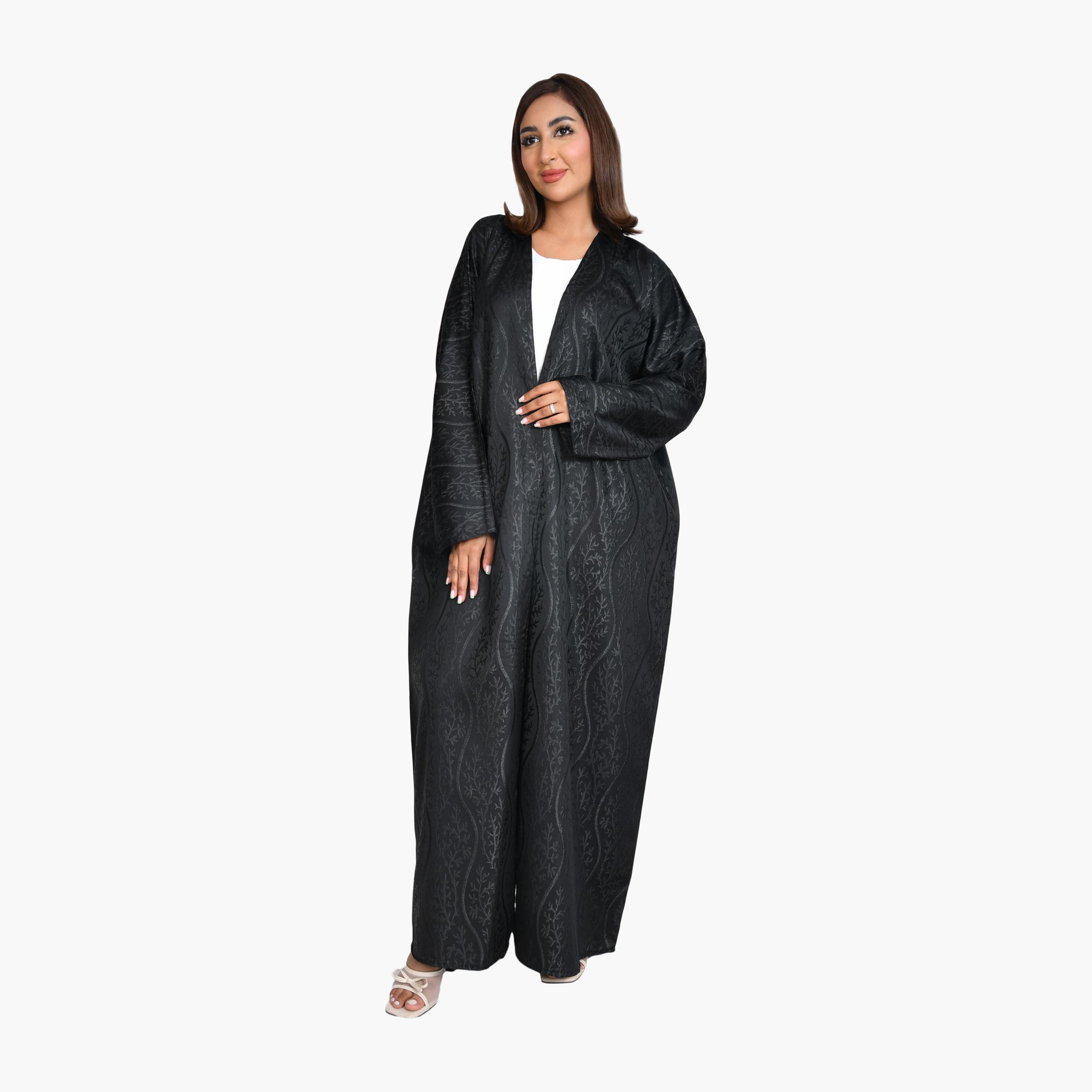Beyond Abaya Black Jacquard Linen Women's Straight-Cut Abaya-women-arabicclothing-abayas-image-1