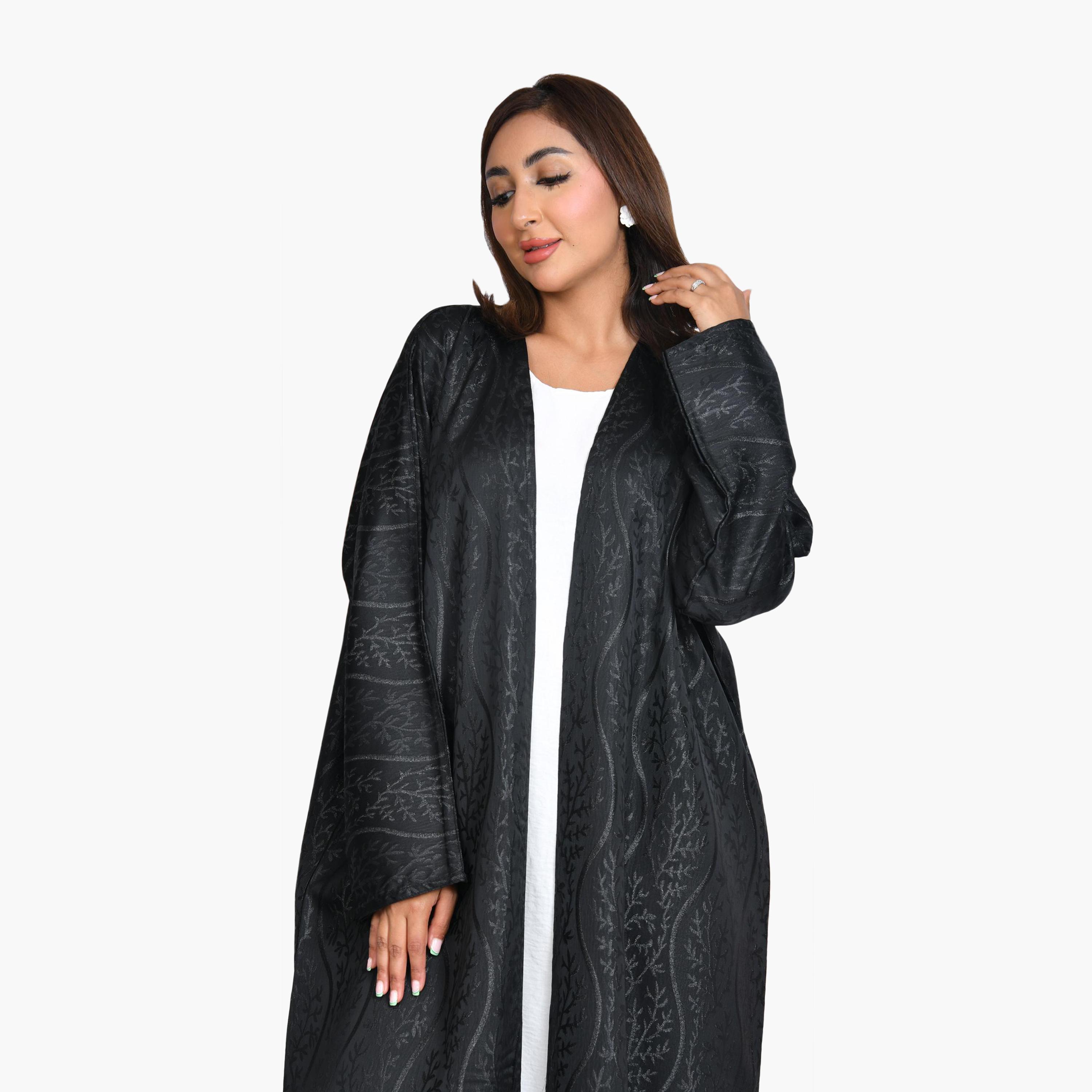 Beyond Abaya Black Jacquard Linen Women's Straight-Cut Abaya-women-arabicclothing-abayas-image-2