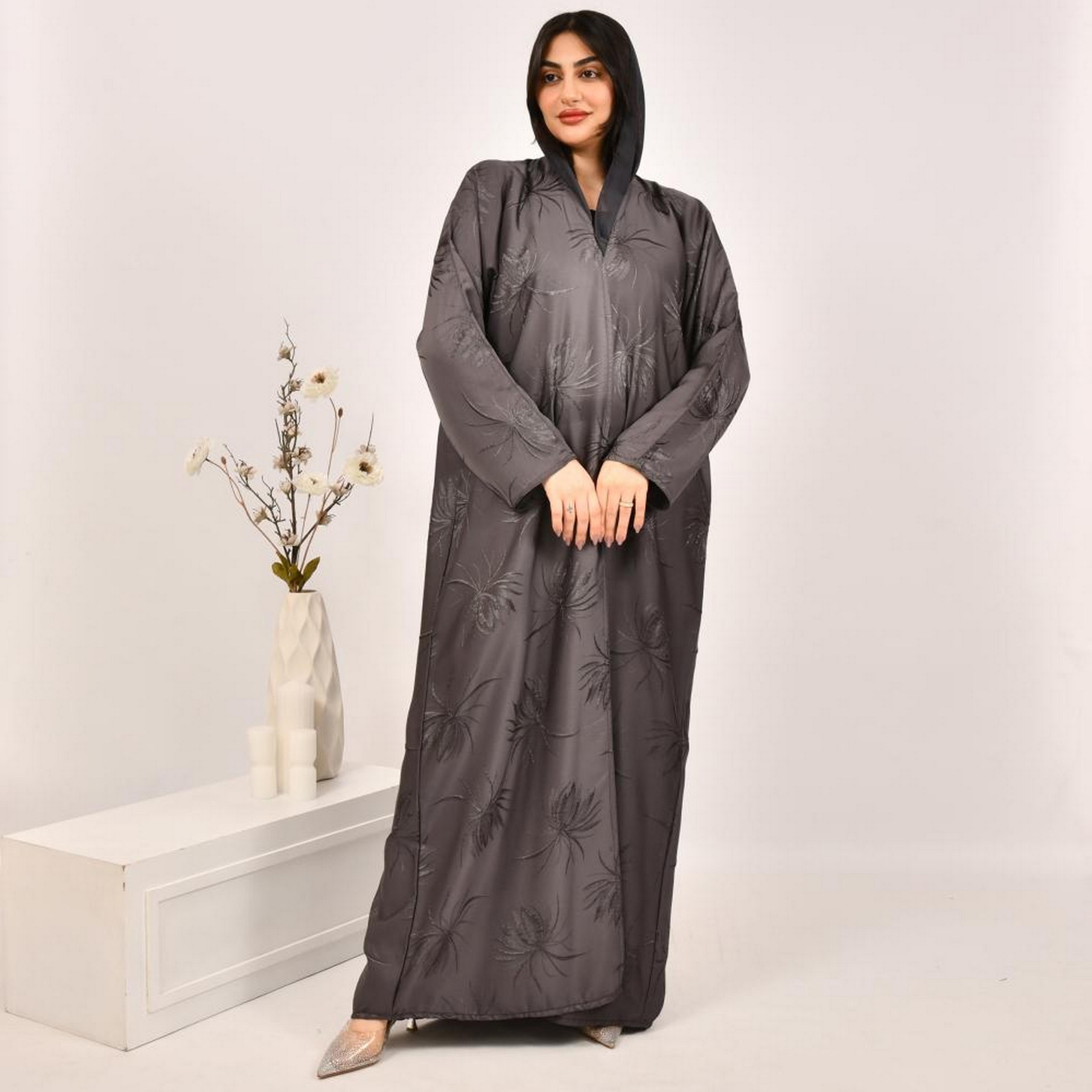 Beyond Abaya Grey Embroidered Jacquard Women's Abaya with Hijab-women-arabicclothing-abayas-image-1