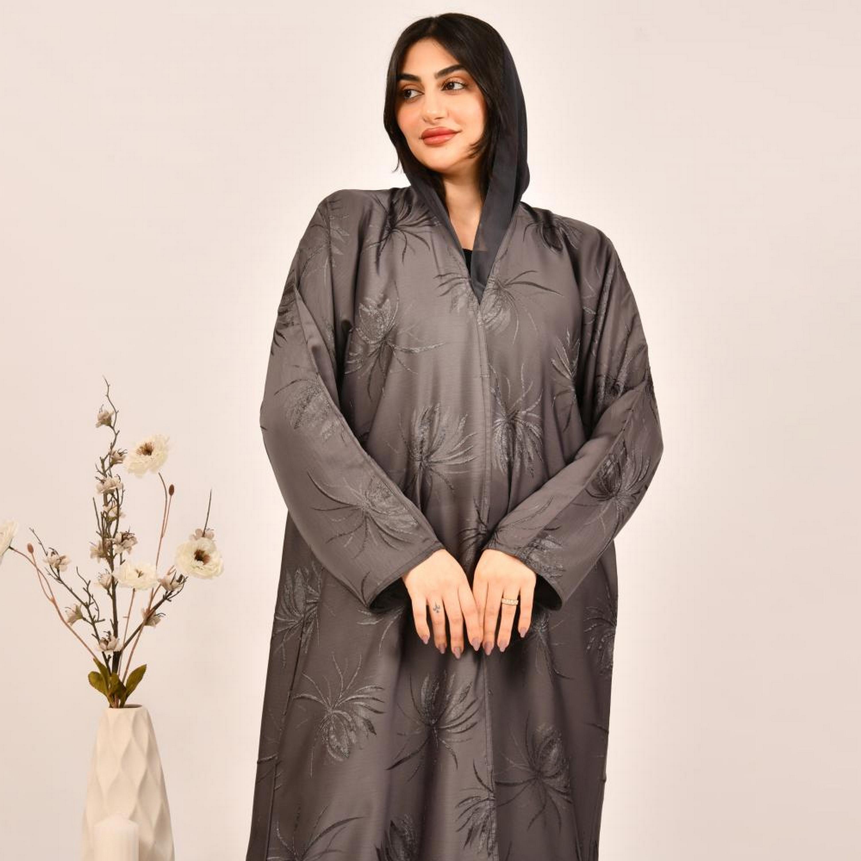 Beyond Abaya Grey Embroidered Jacquard Women's Abaya with Hijab-women-arabicclothing-abayas-image-2