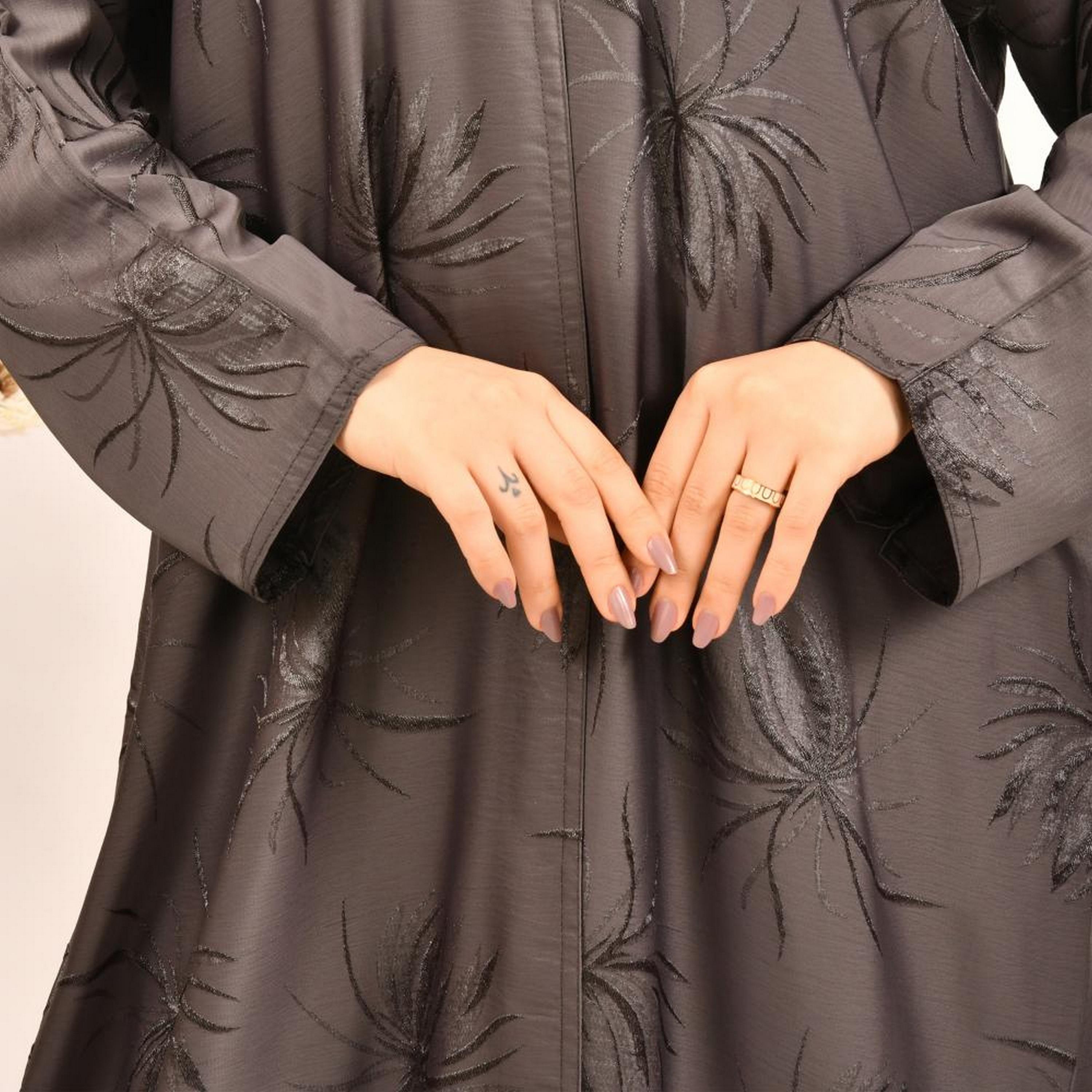Beyond Abaya Grey Embroidered Jacquard Women's Abaya with Hijab-women-arabicclothing-abayas-image-3