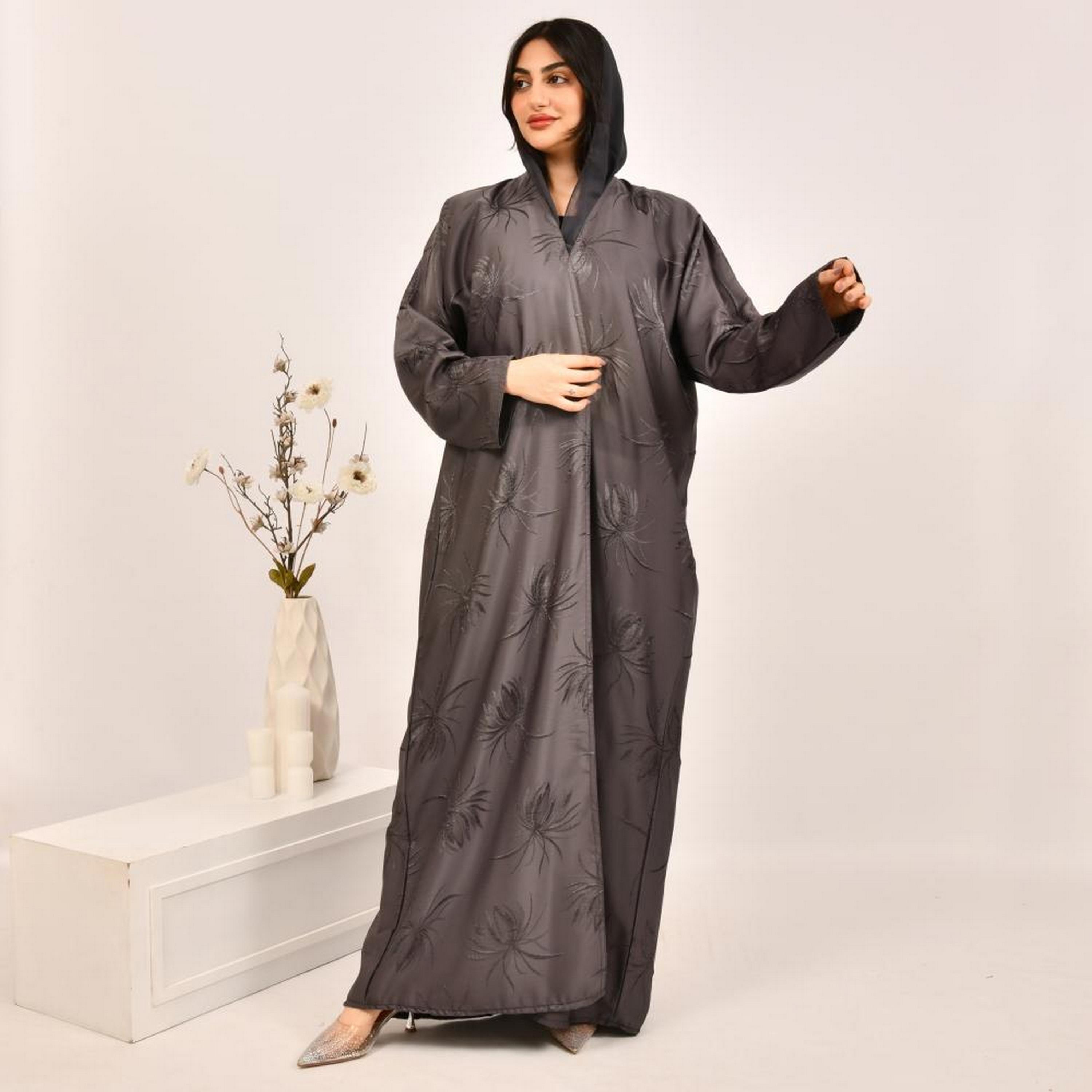 Beyond Abaya Grey Embroidered Jacquard Women's Abaya with Hijab-women-arabicclothing-abayas-image-4